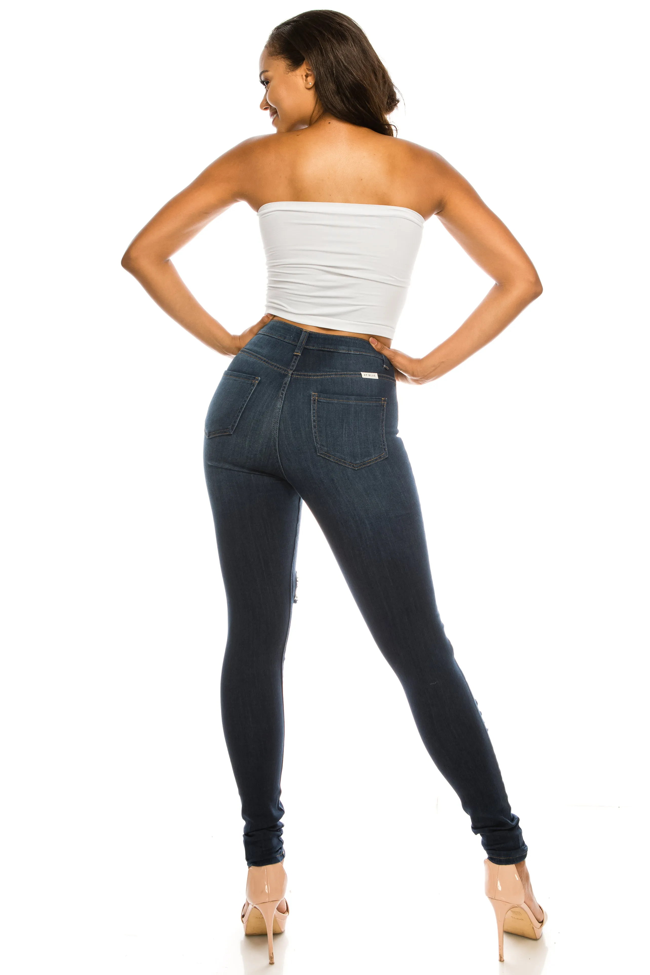 4556 Women's Super High Waisted Distressed Skinny Jeans with Cut Outs