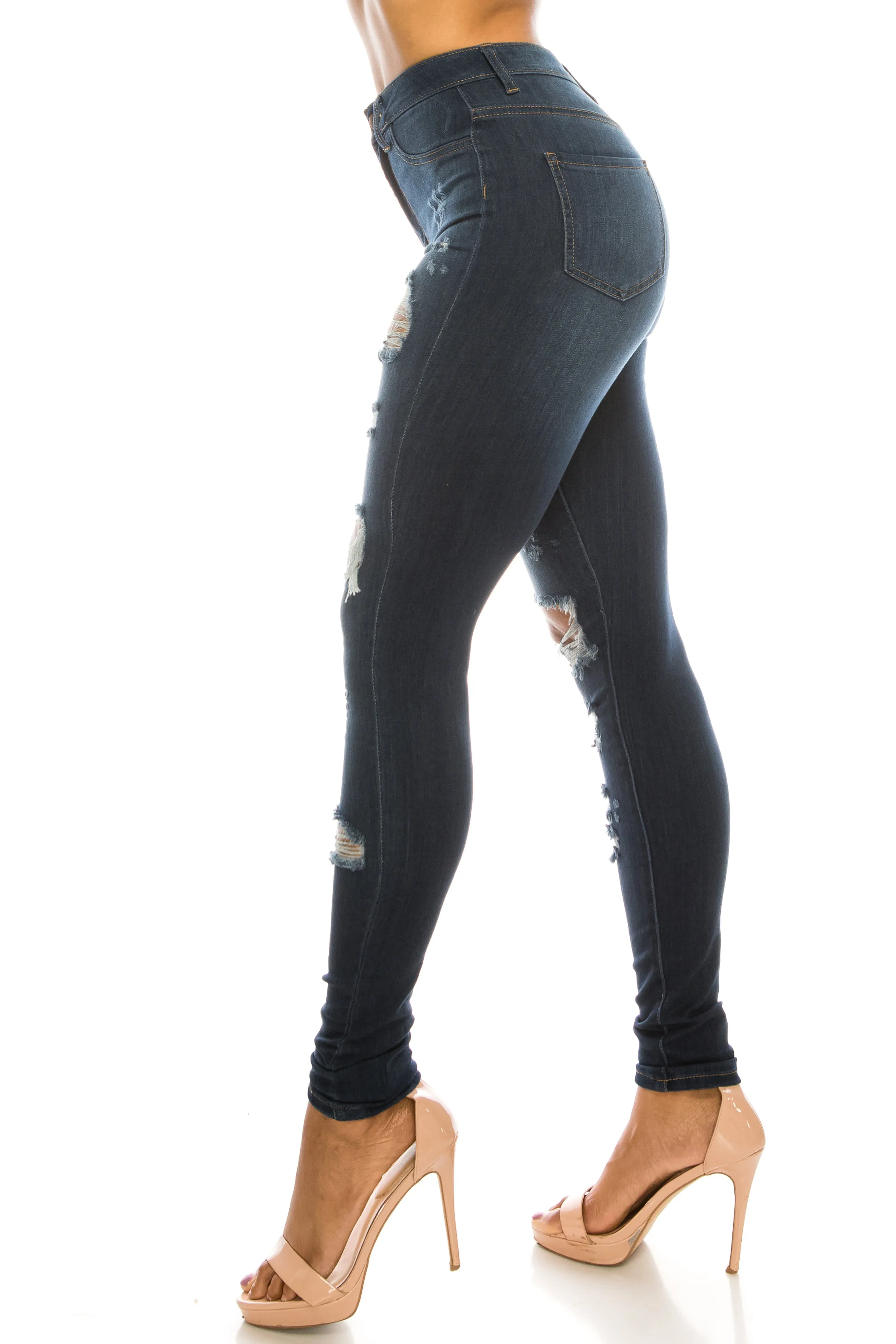 4556 Women's Super High Waisted Distressed Skinny Jeans with Cut Outs