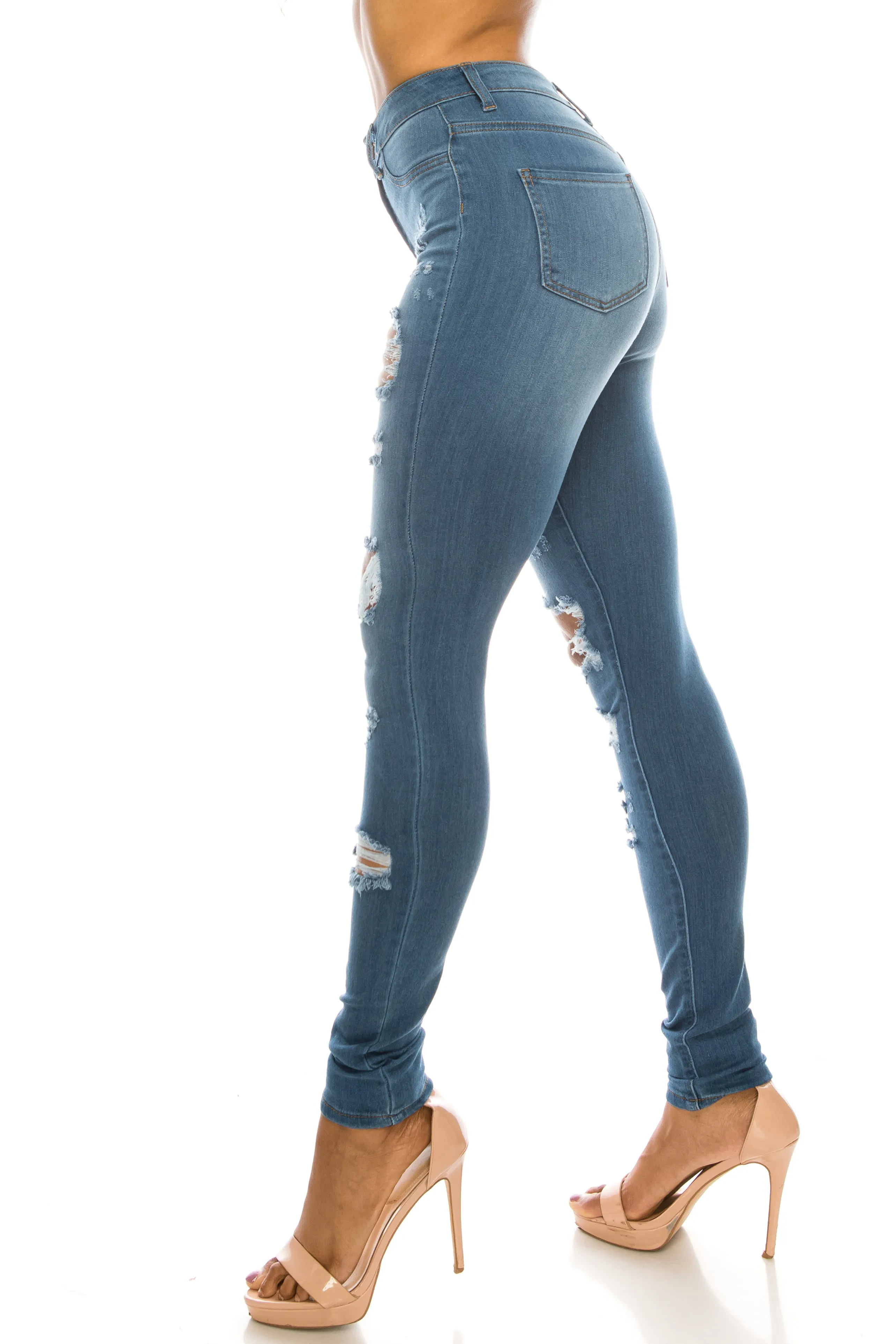 4556 Women's Super High Waisted Distressed Skinny Jeans with Cut Outs