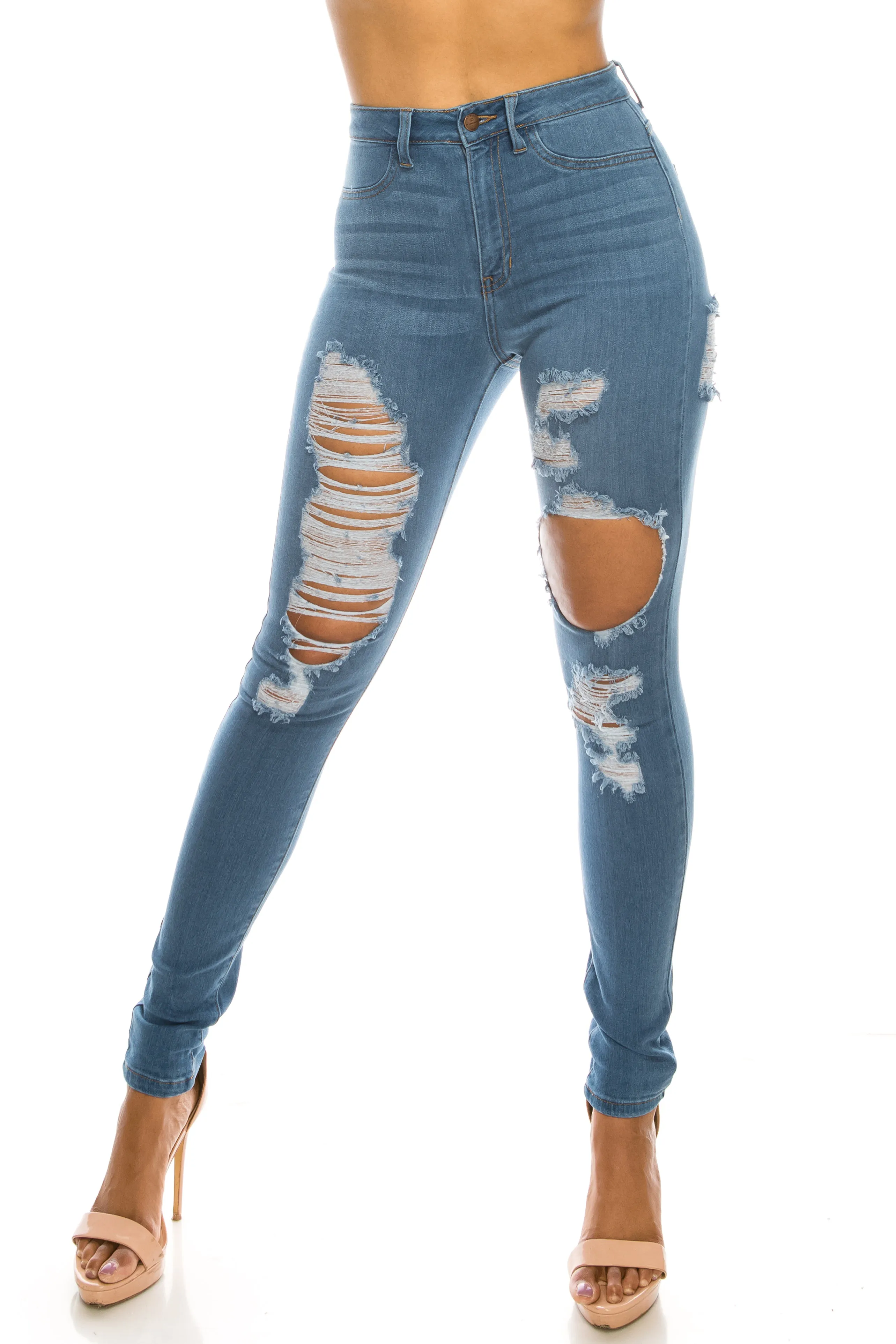 4558 Women's Super High Waisted Distressed Skinny Jeans