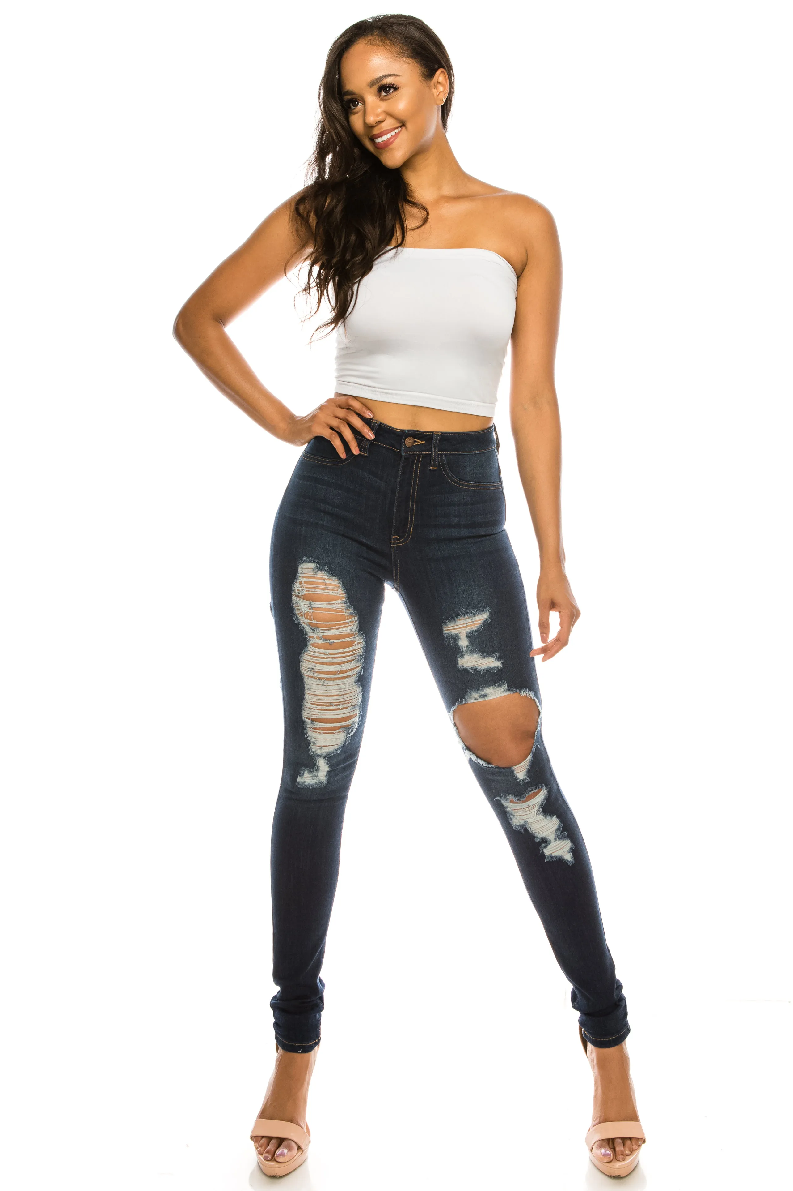 4558 Women's Super High Waisted Distressed Skinny Jeans