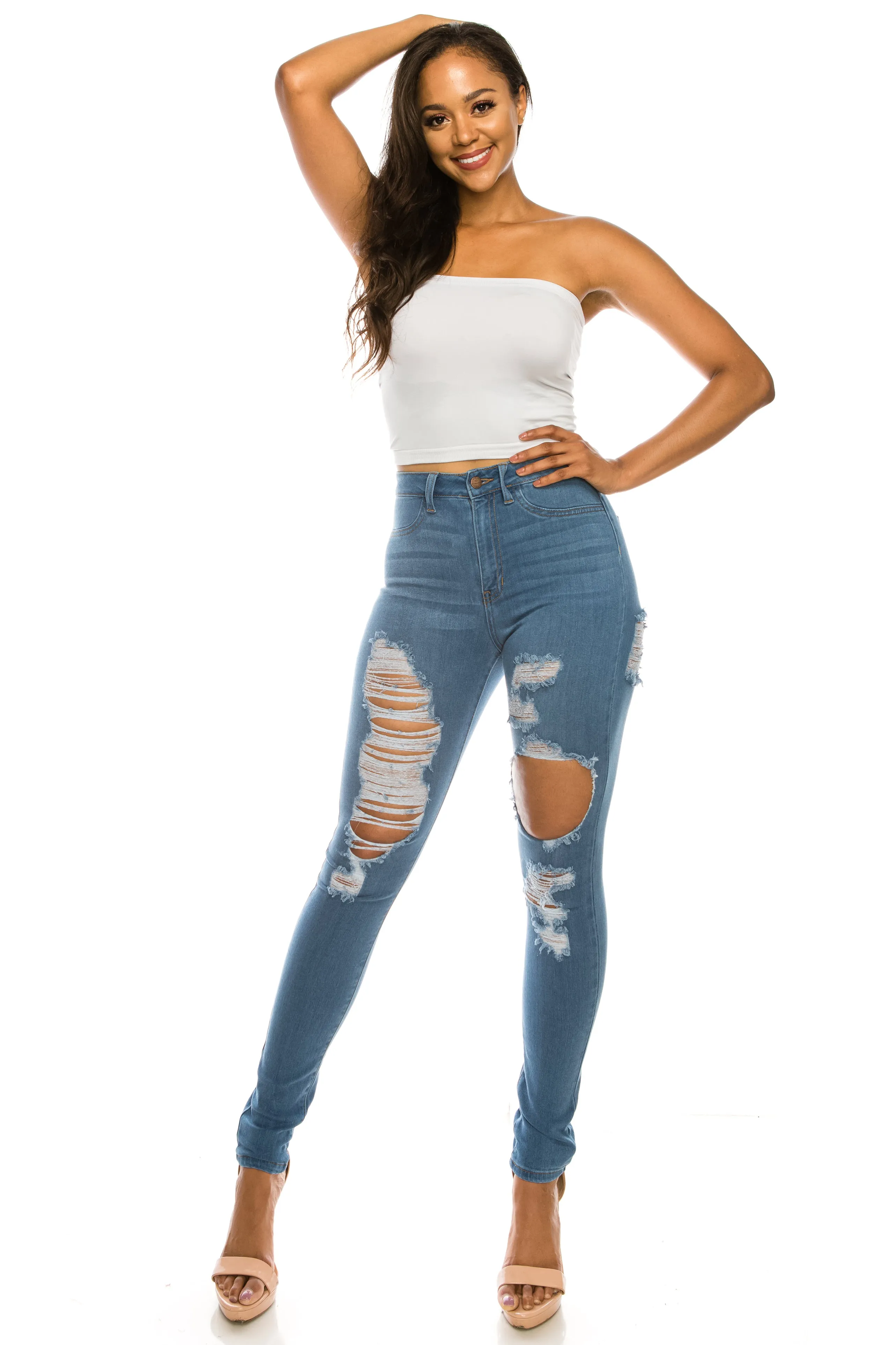 4558 Women's Super High Waisted Distressed Skinny Jeans