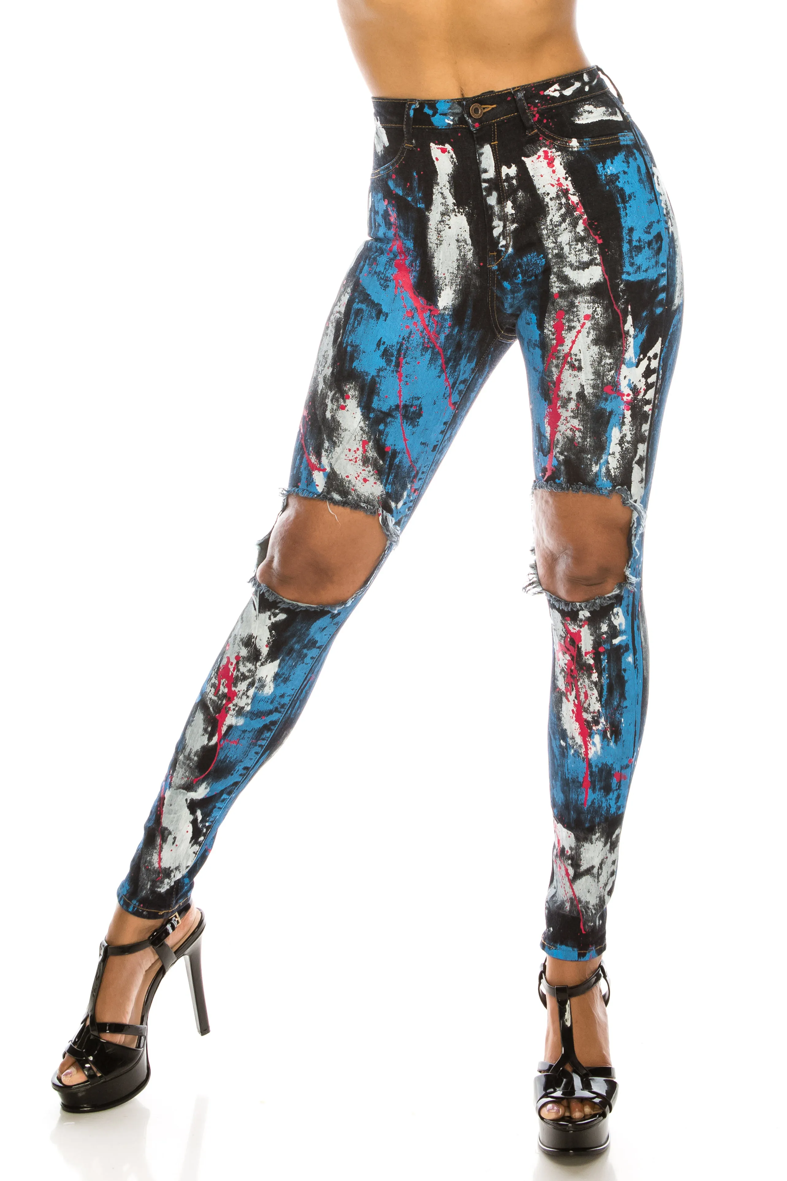 4574 Women's High Waisted Paint Splashed Distressed Skinny Jeans