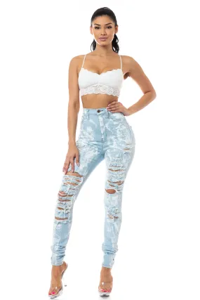 4581 Women's High Waisted Distressed Painted Skinny Jeans