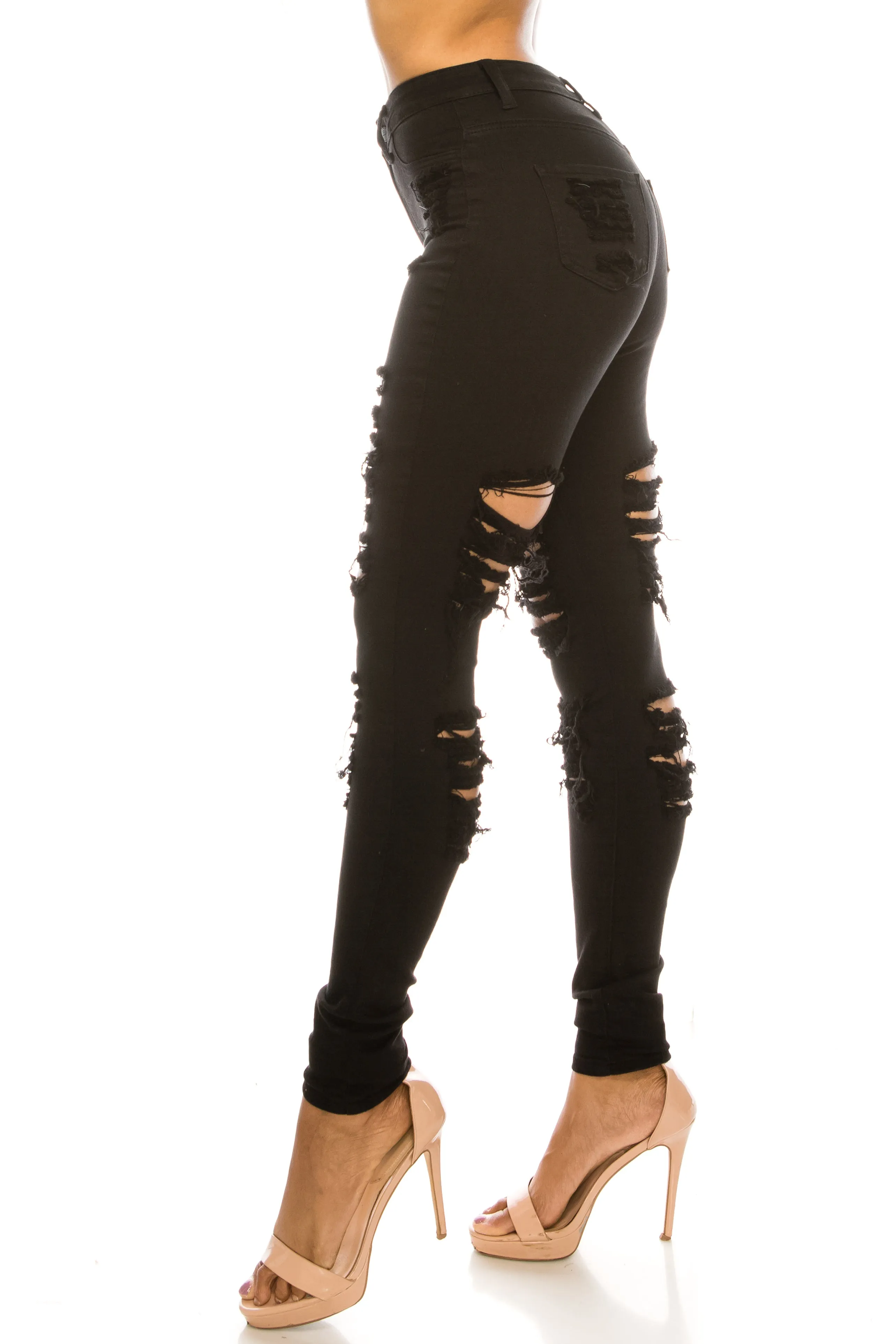 4596 Women's High Waisted Distressed Skinny Jeans with Cut Outs