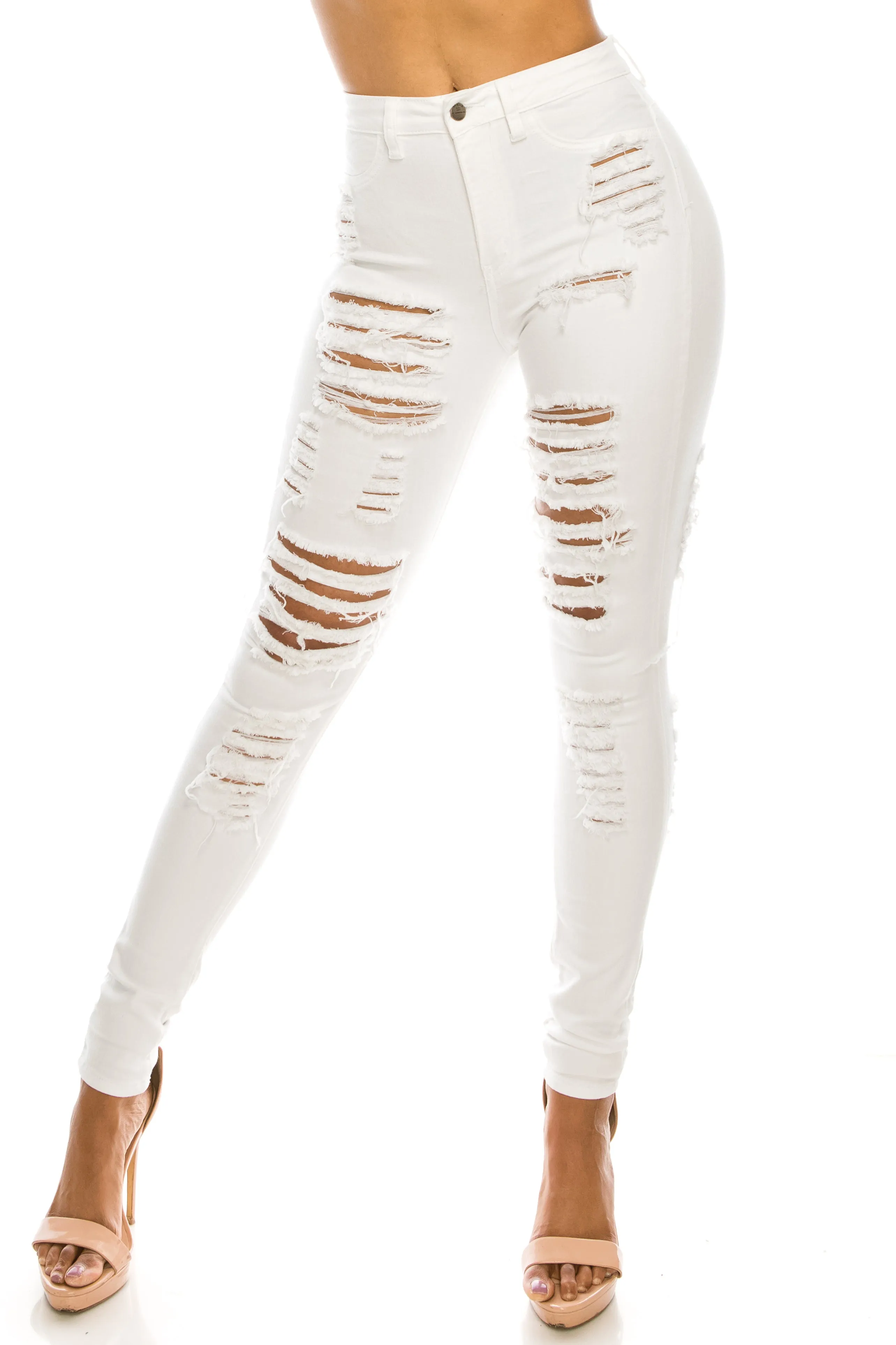 4596 Women's High Waisted Distressed Skinny Jeans with Cut Outs