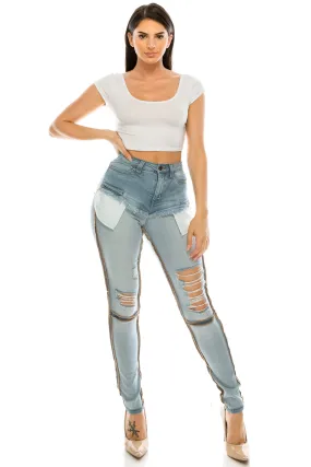 4697 Women's Super High Waisted Distressed Reversed Skinny Jeans