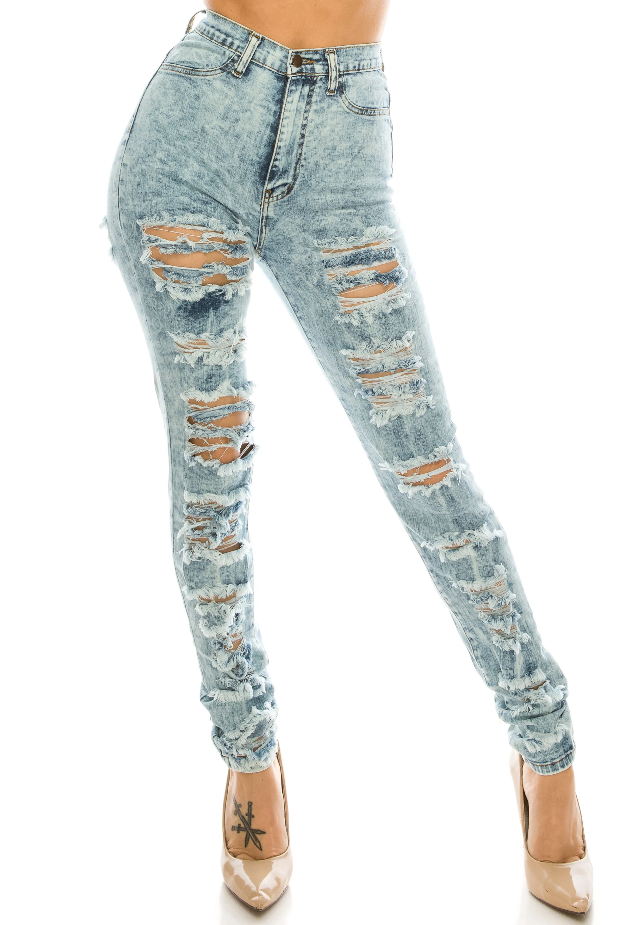 4747 Super High Waisted Distressed Acid Washed Skinny Jeans