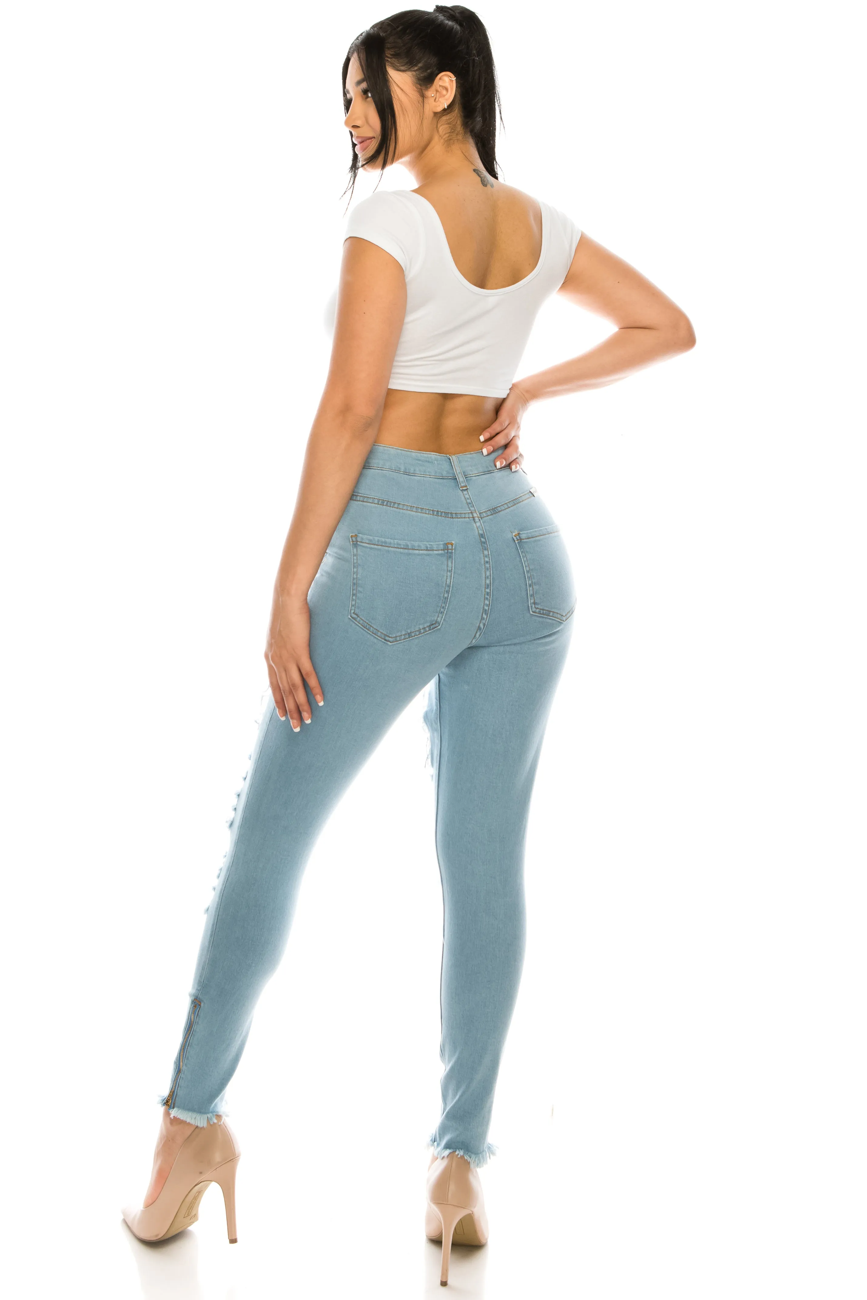 4756 Super High Waisted Distressed Frayed Skinny Jeans with Cut Outs