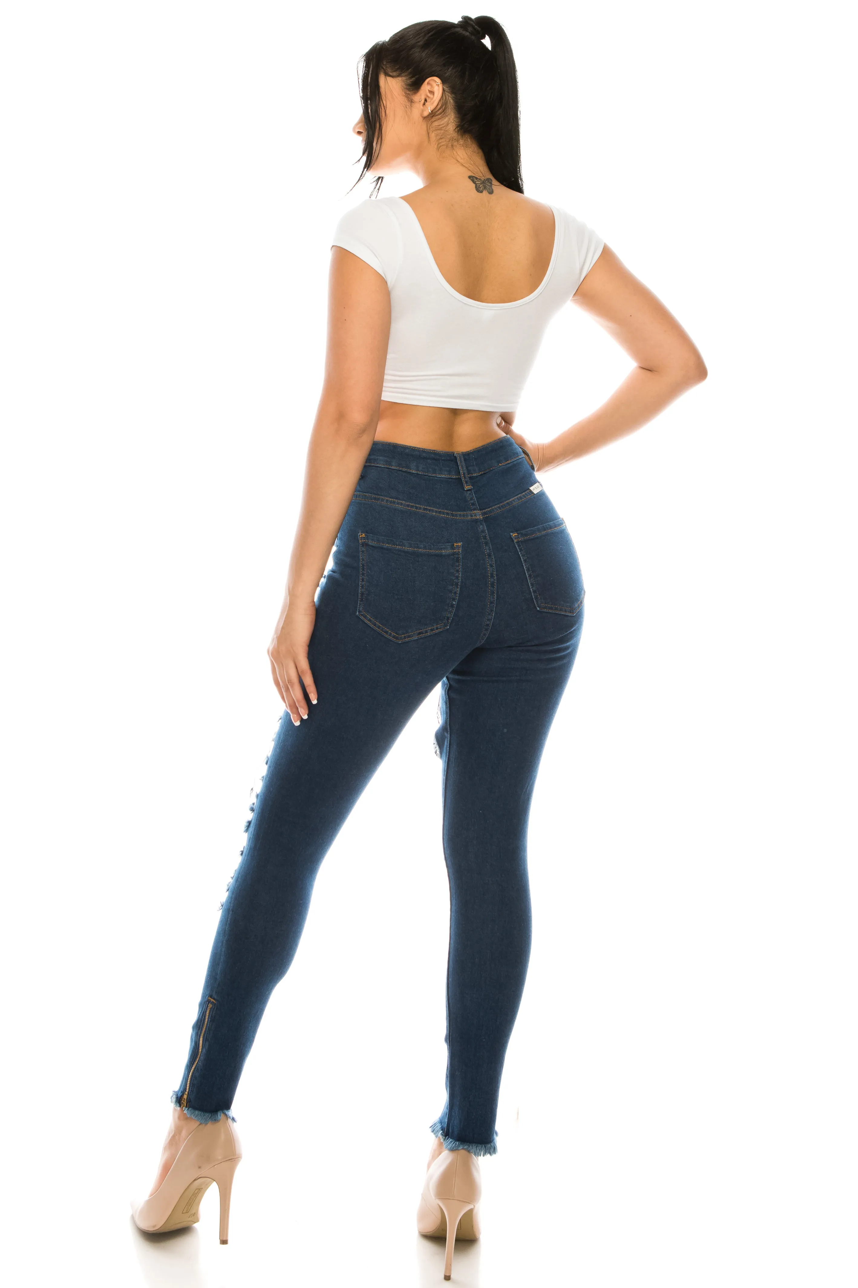 4756 Super High Waisted Distressed Frayed Skinny Jeans with Cut Outs