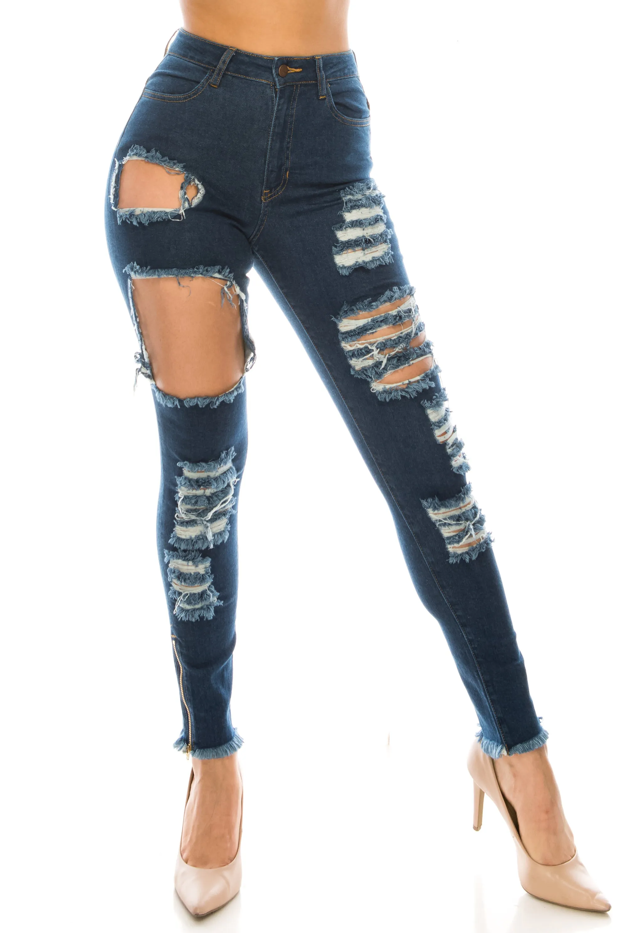 4756 Super High Waisted Distressed Frayed Skinny Jeans with Cut Outs