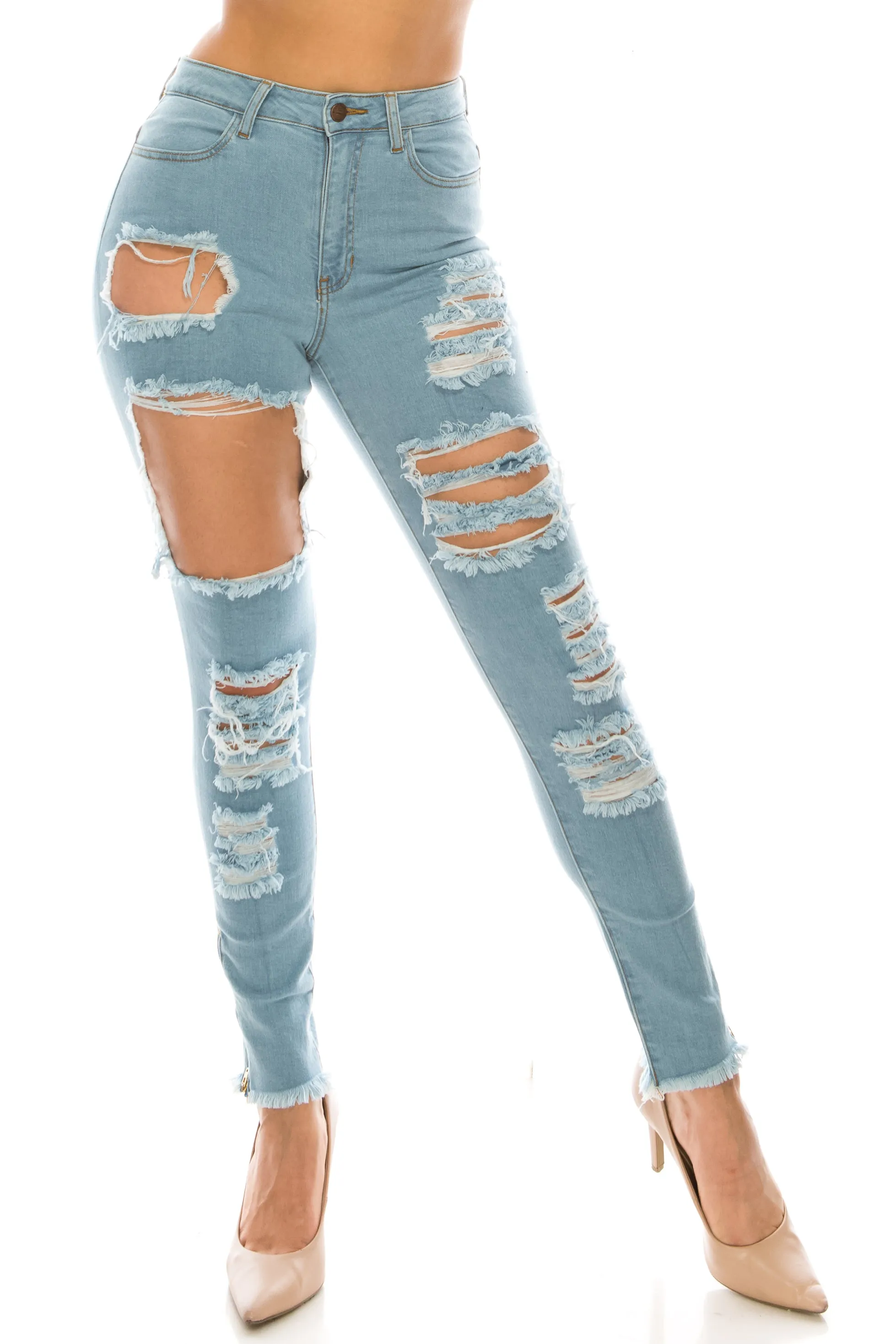 4756 Super High Waisted Distressed Frayed Skinny Jeans with Cut Outs