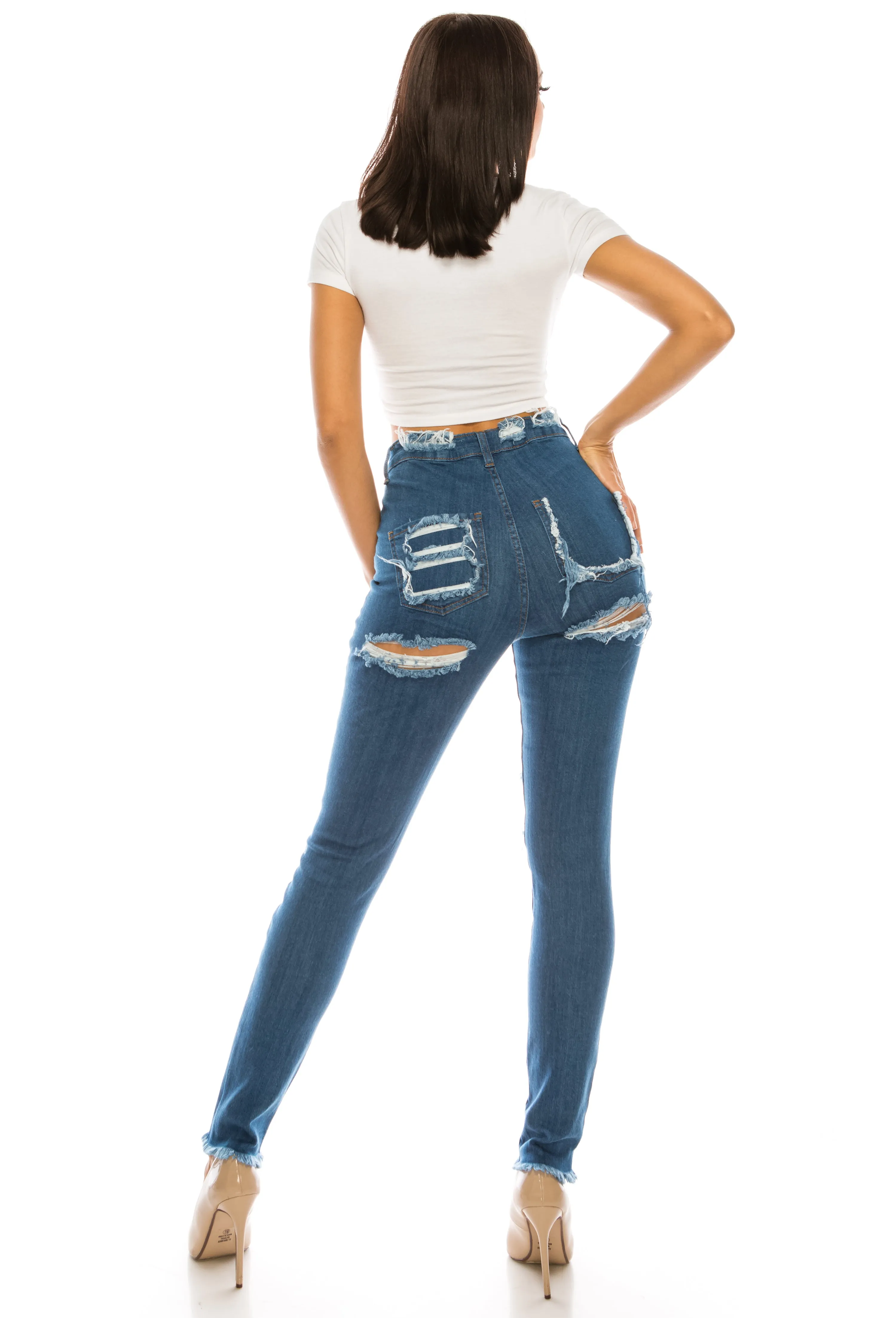 4767 Women's Super High Waisted Distressed Skinny Jeans