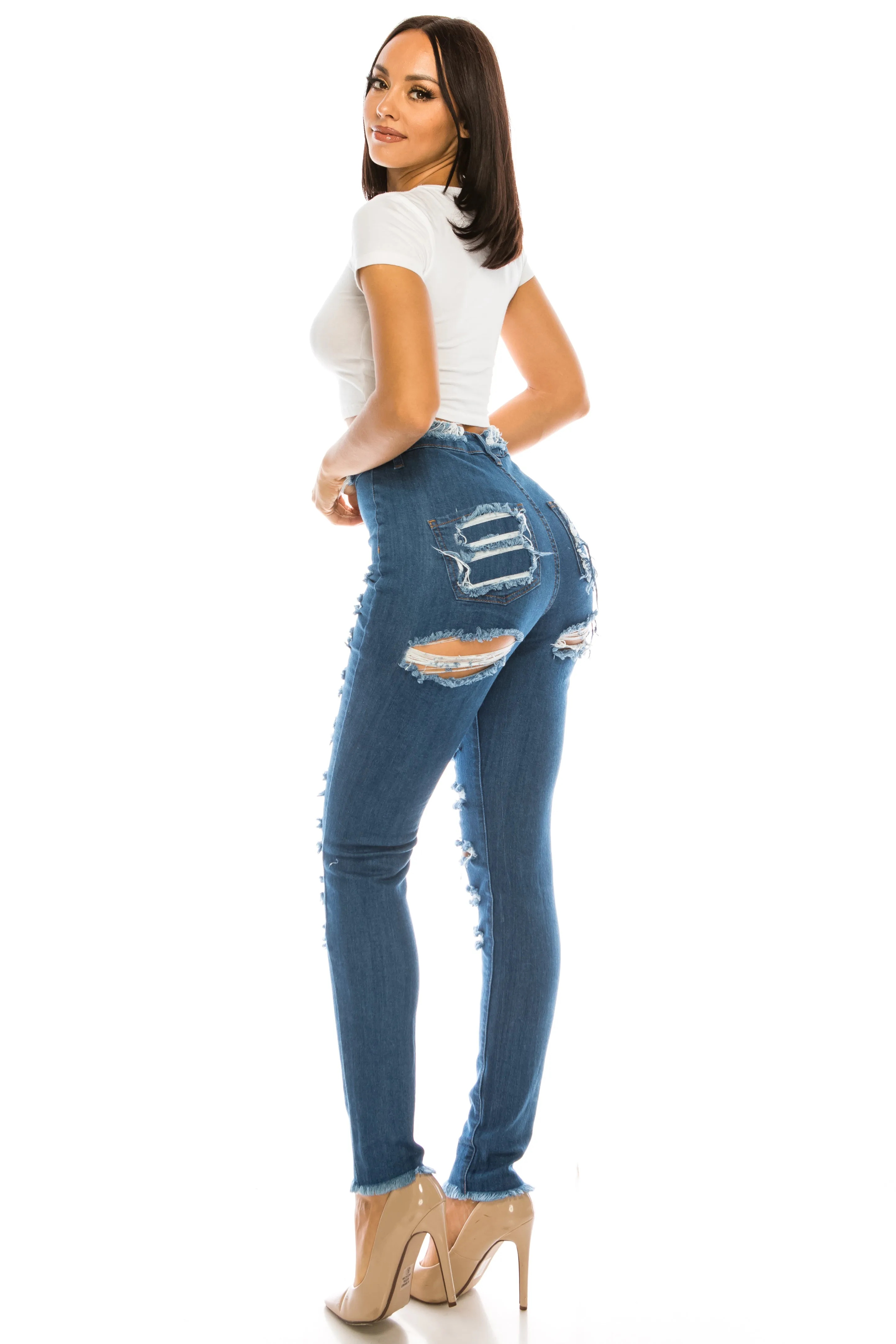 4767 Women's Super High Waisted Distressed Skinny Jeans