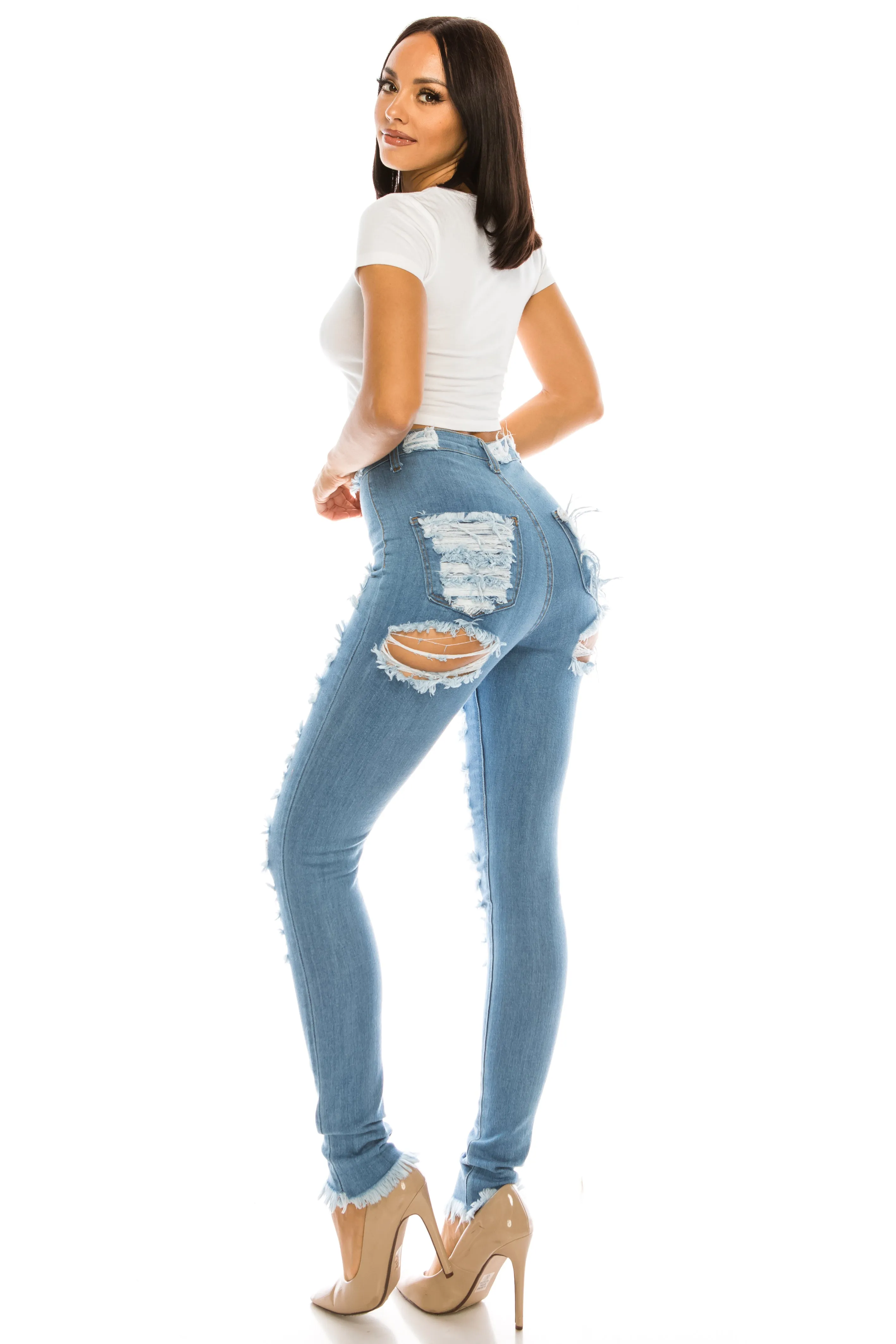 4767 Women's Super High Waisted Distressed Skinny Jeans