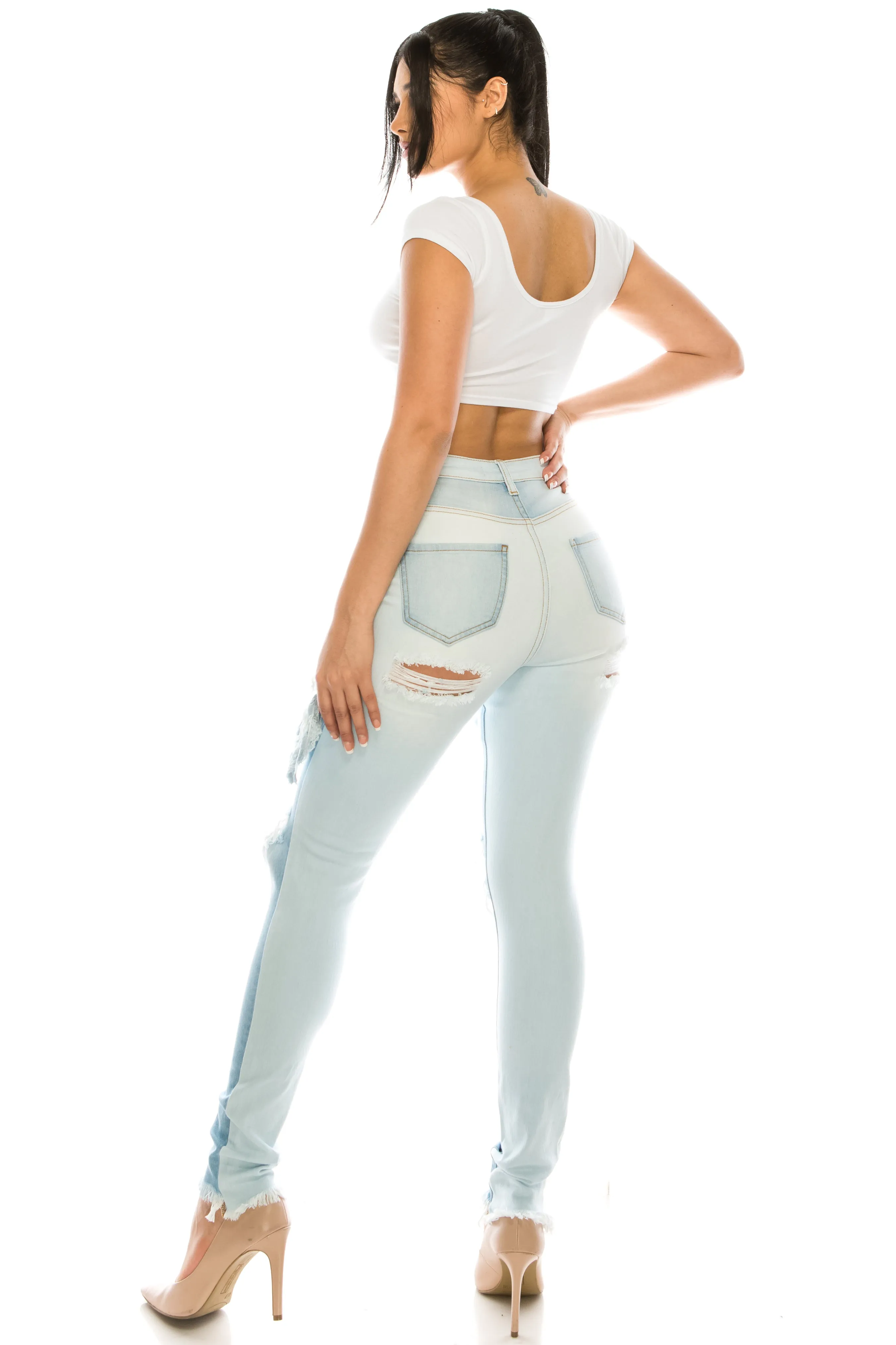 4811 Women's Super High Waisted Distressed Two Tone Skinny Jeans with Cut Outs