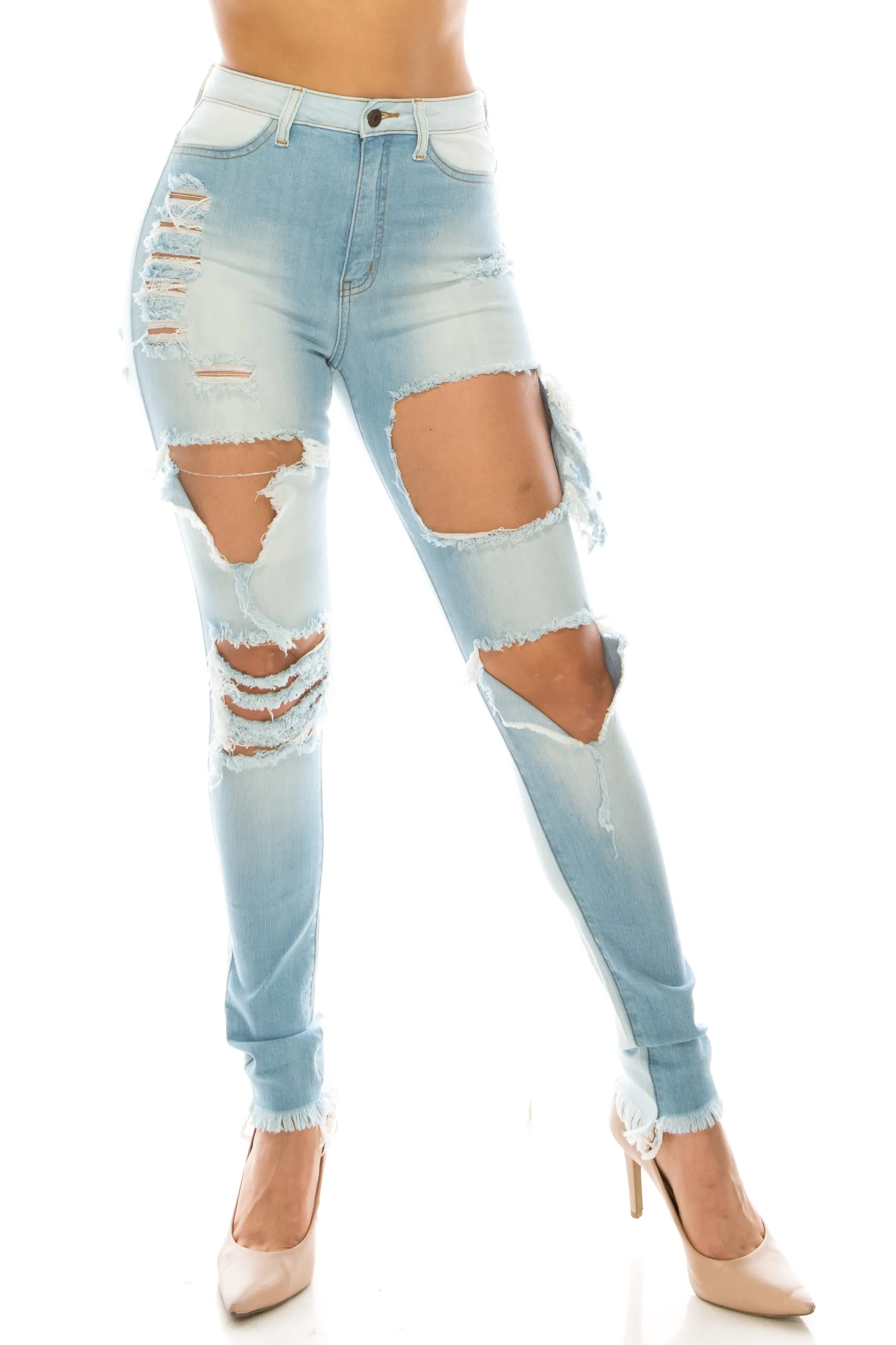 4811 Women's Super High Waisted Distressed Two Tone Skinny Jeans with Cut Outs