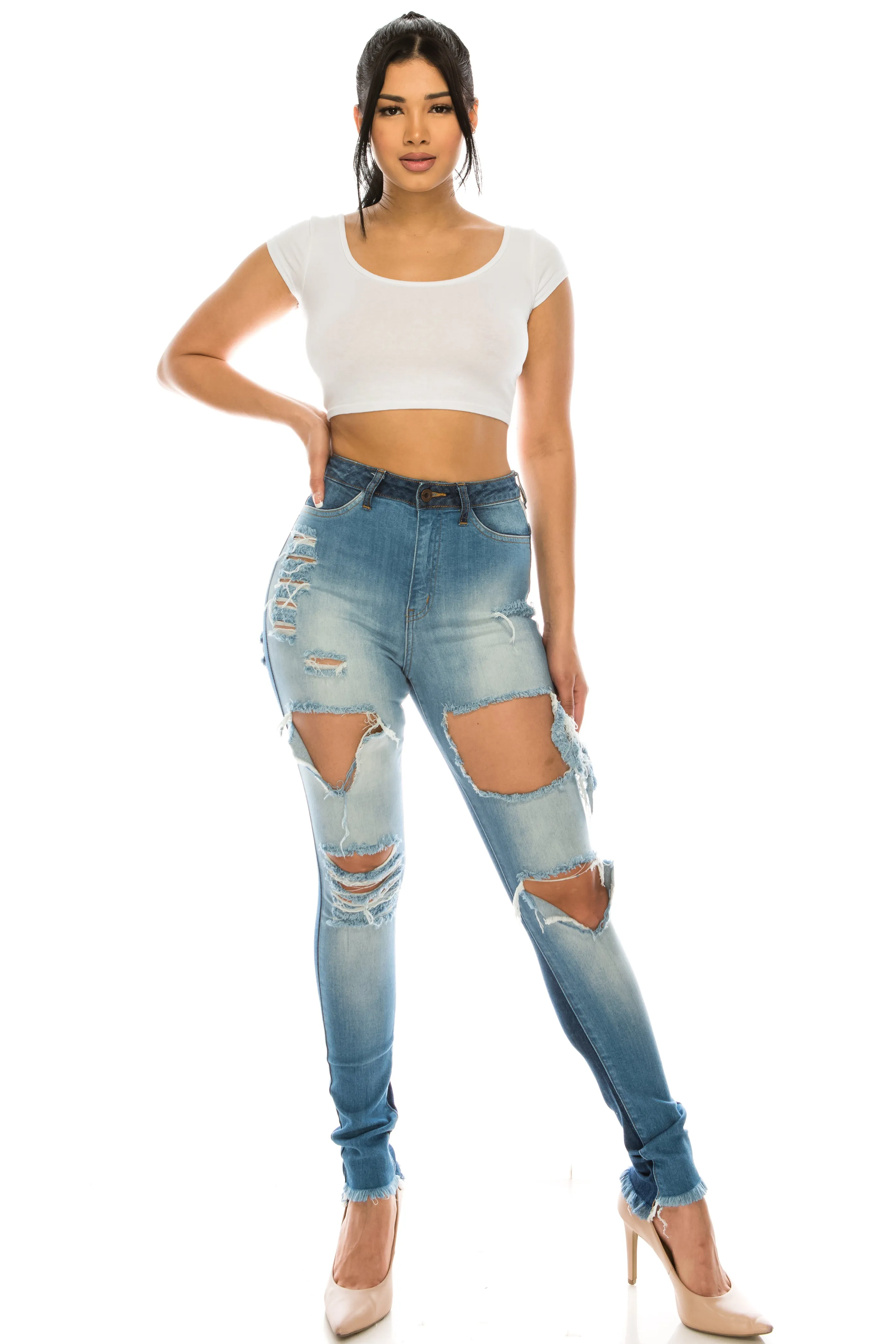 4811 Women's Super High Waisted Distressed Two Tone Skinny Jeans with Cut Outs