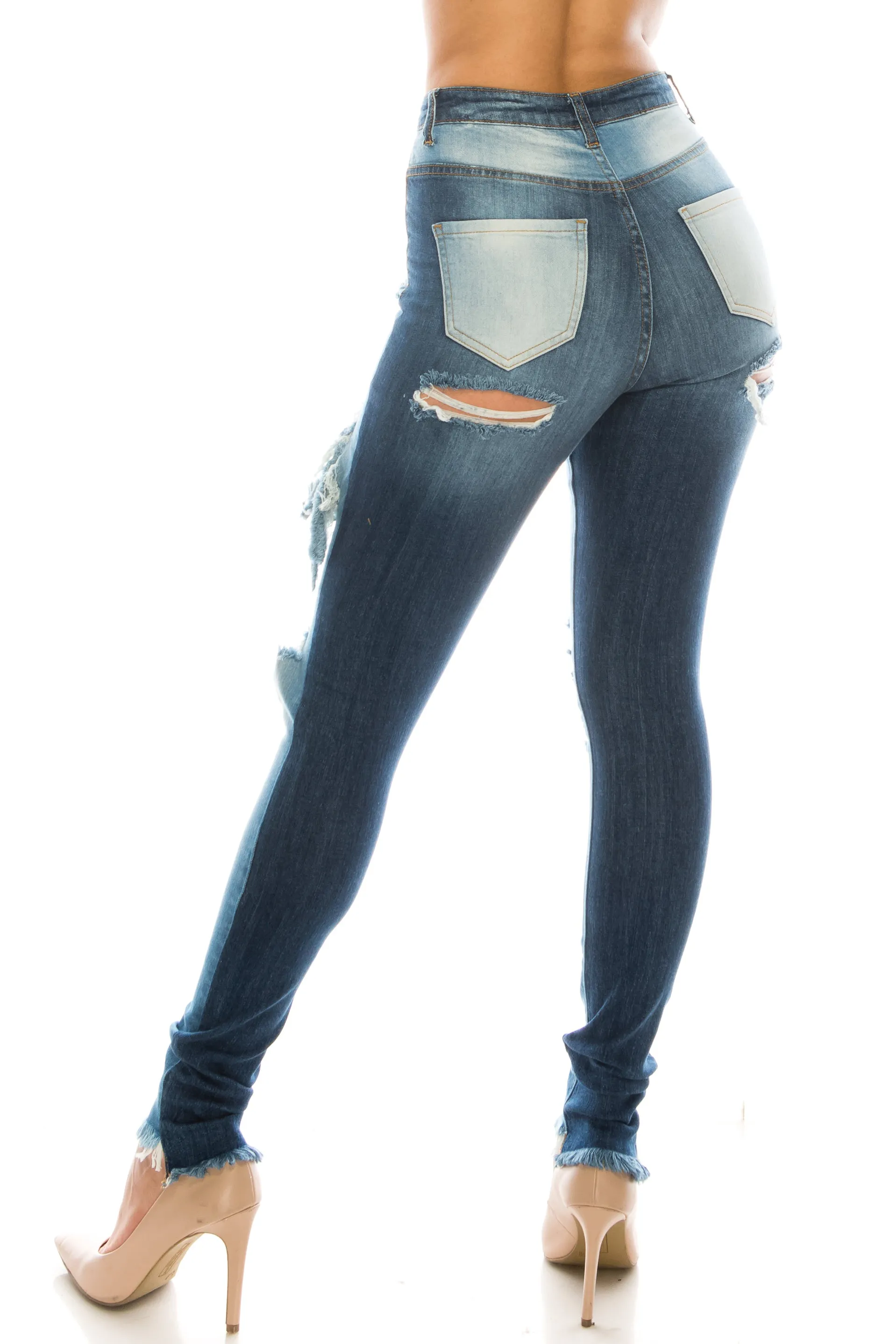 4811 Women's Super High Waisted Distressed Two Tone Skinny Jeans with Cut Outs