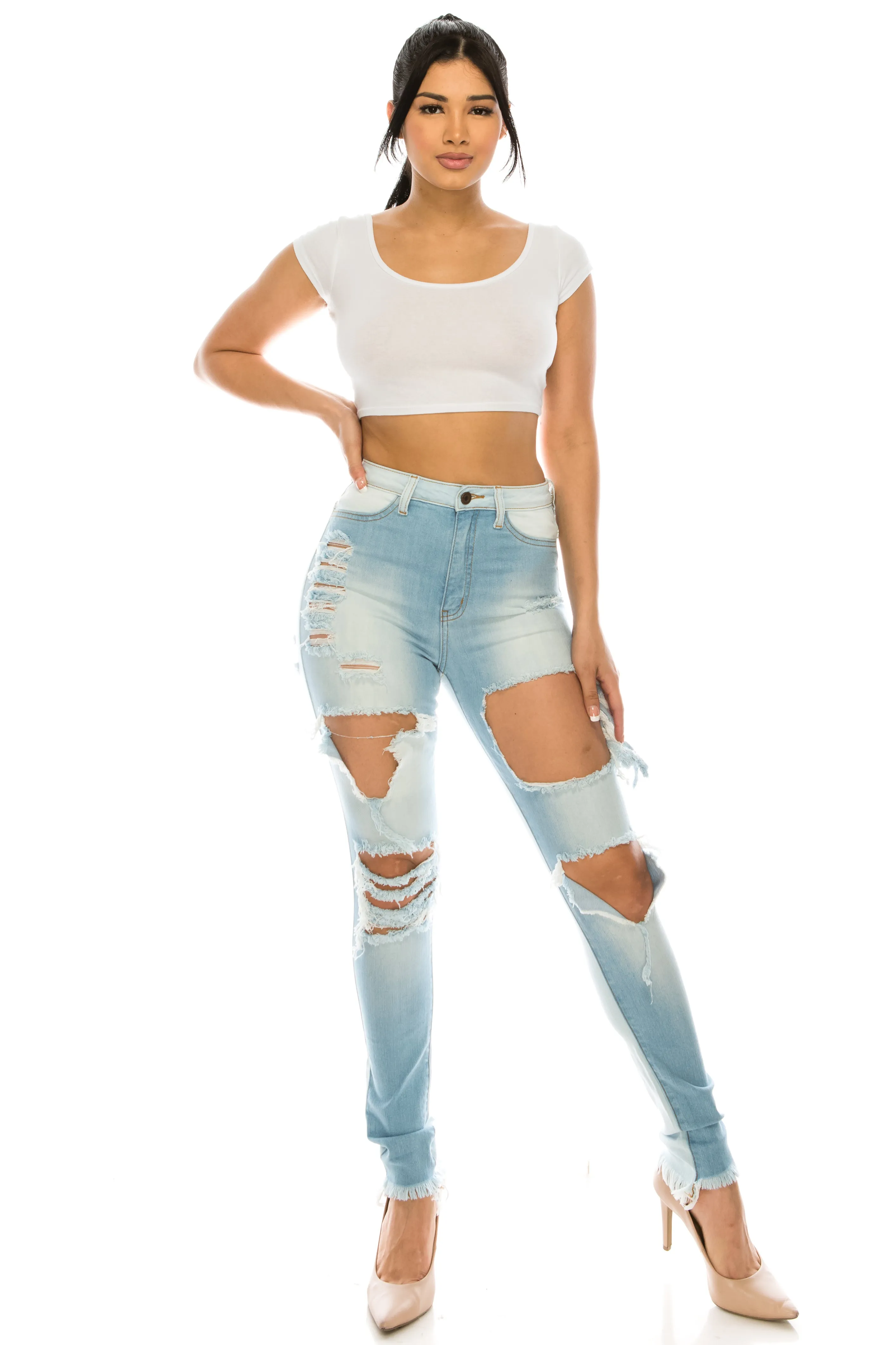 4811 Women's Super High Waisted Distressed Two Tone Skinny Jeans with Cut Outs