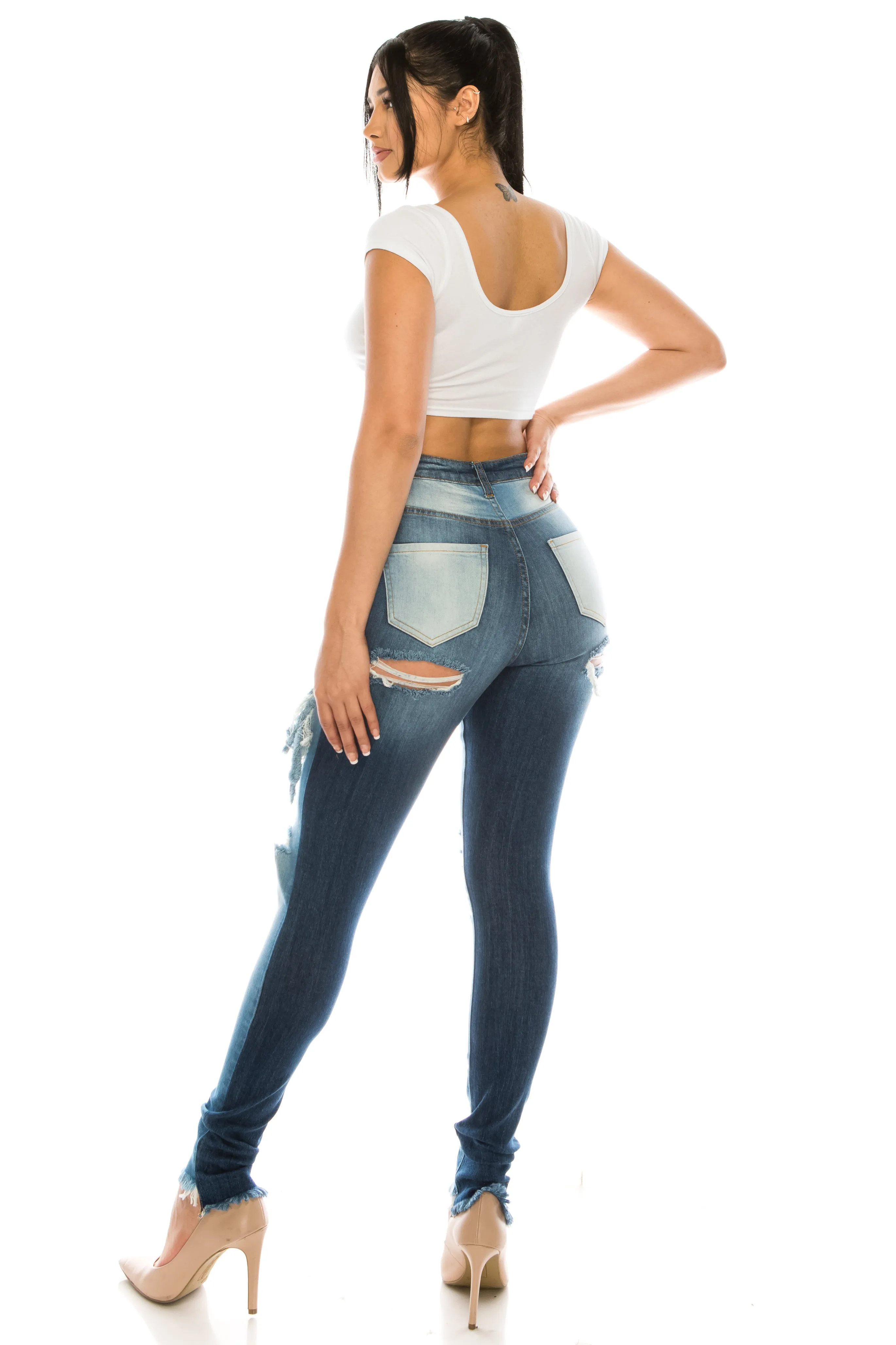 4811 Women's Super High Waisted Distressed Two Tone Skinny Jeans with Cut Outs