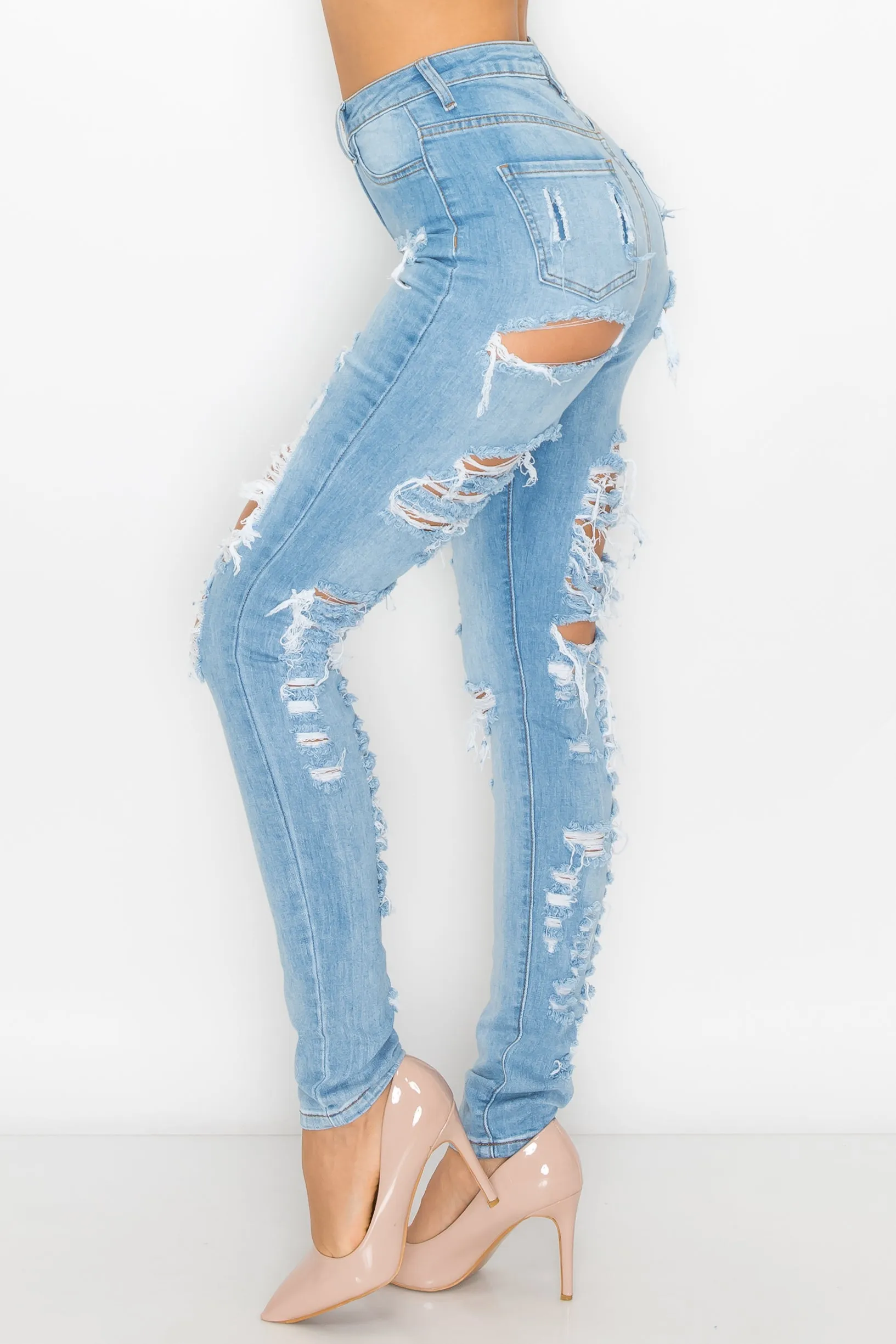 4877 Women's High Waisted Distressed Skinny Jeans with Cut Outs