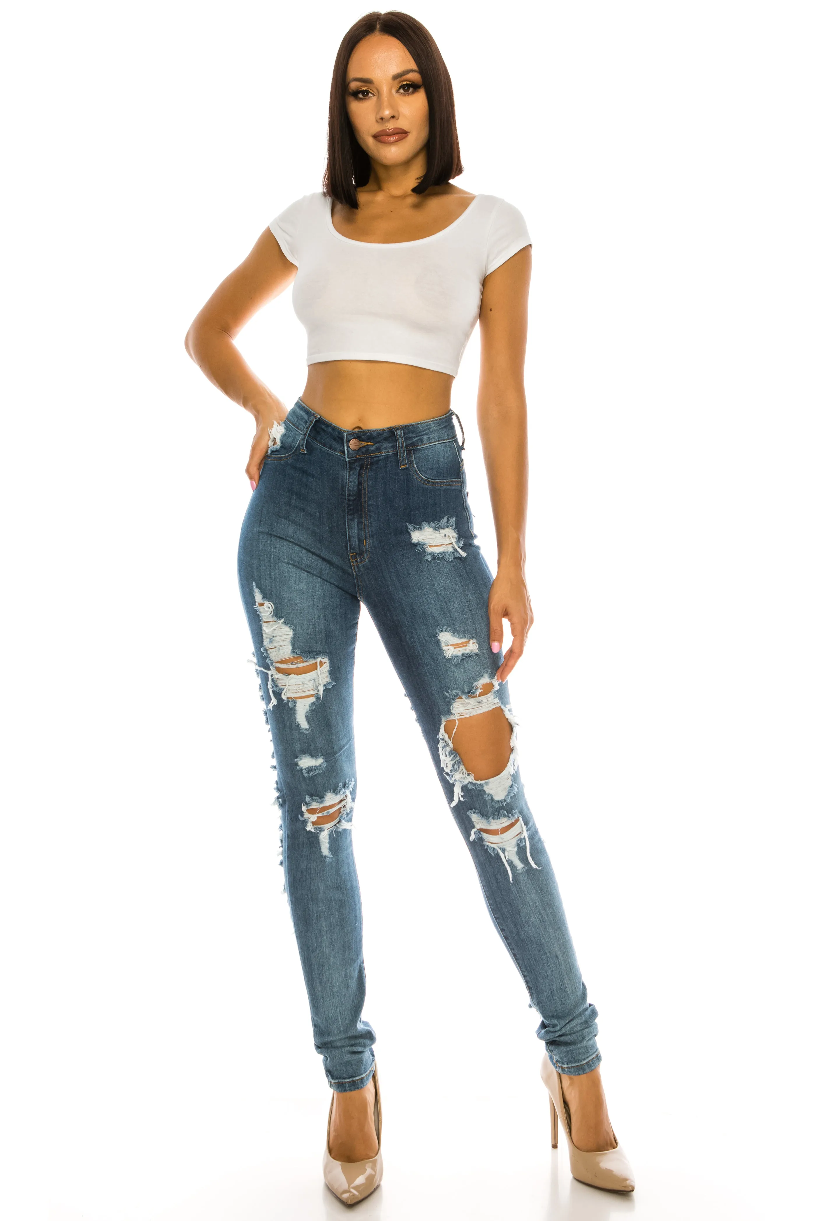 4877 Women's High Waisted Distressed Skinny Jeans with Cut Outs