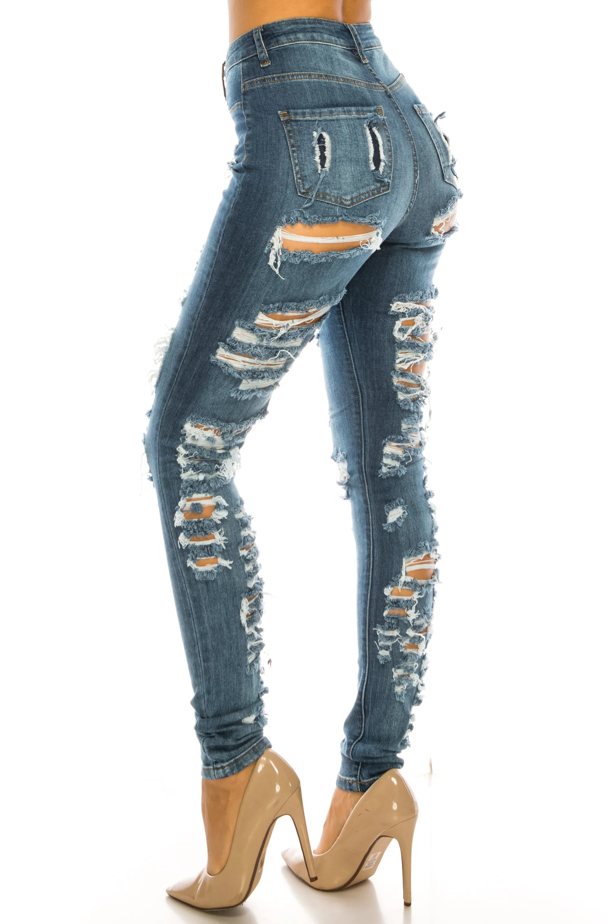 4877 Women's High Waisted Distressed Skinny Jeans with Cut Outs