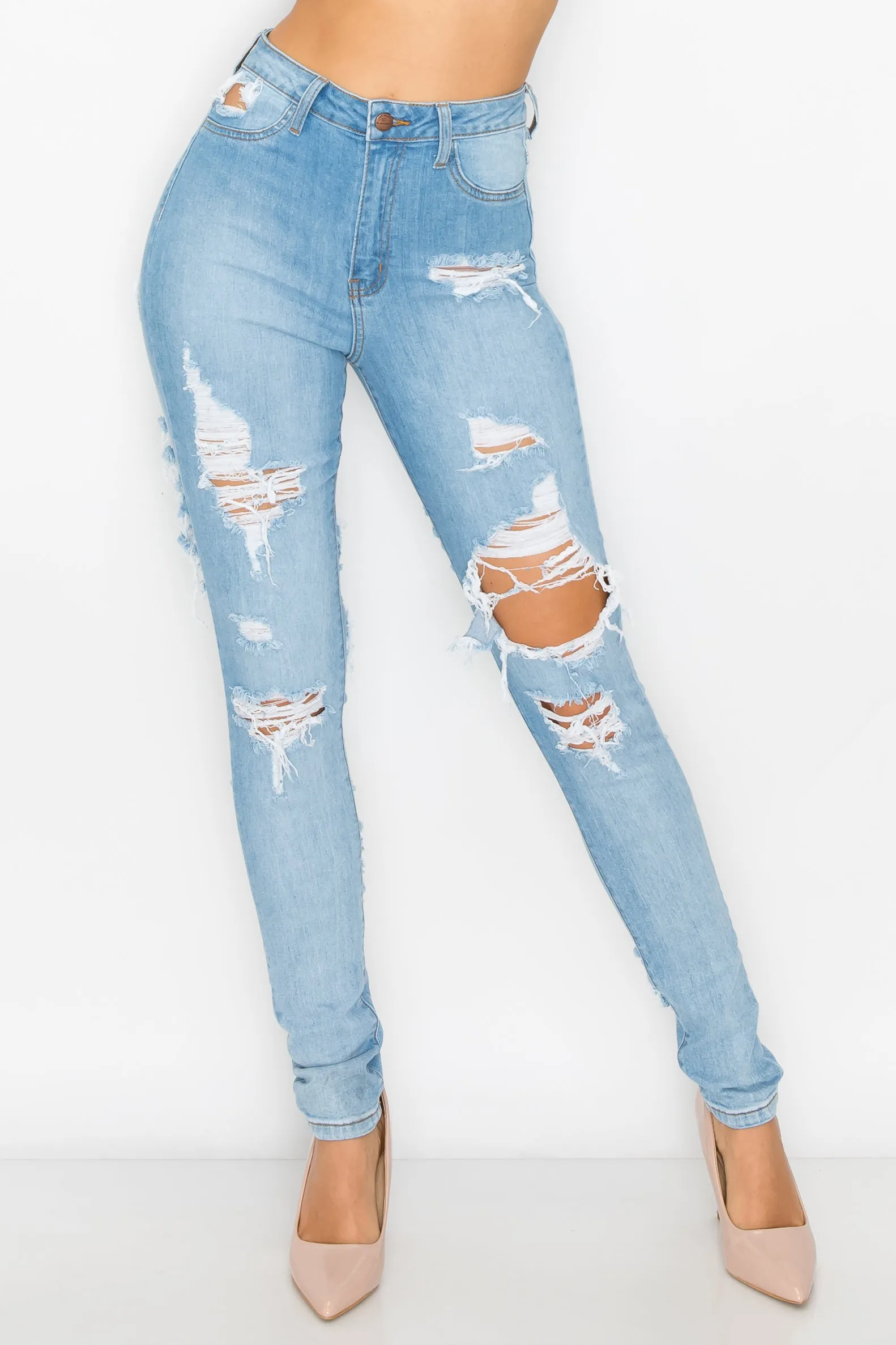 4877 Women's High Waisted Distressed Skinny Jeans with Cut Outs