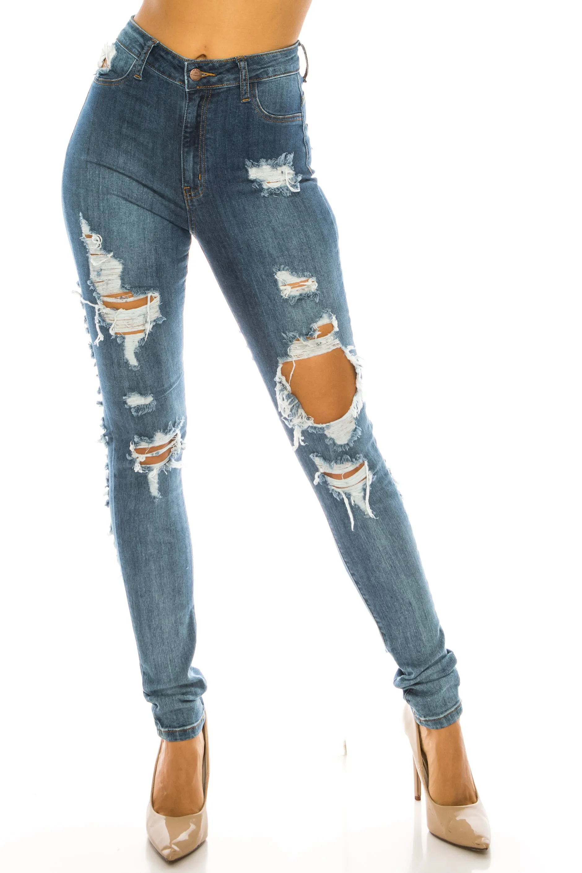 4877 Women's High Waisted Distressed Skinny Jeans with Cut Outs