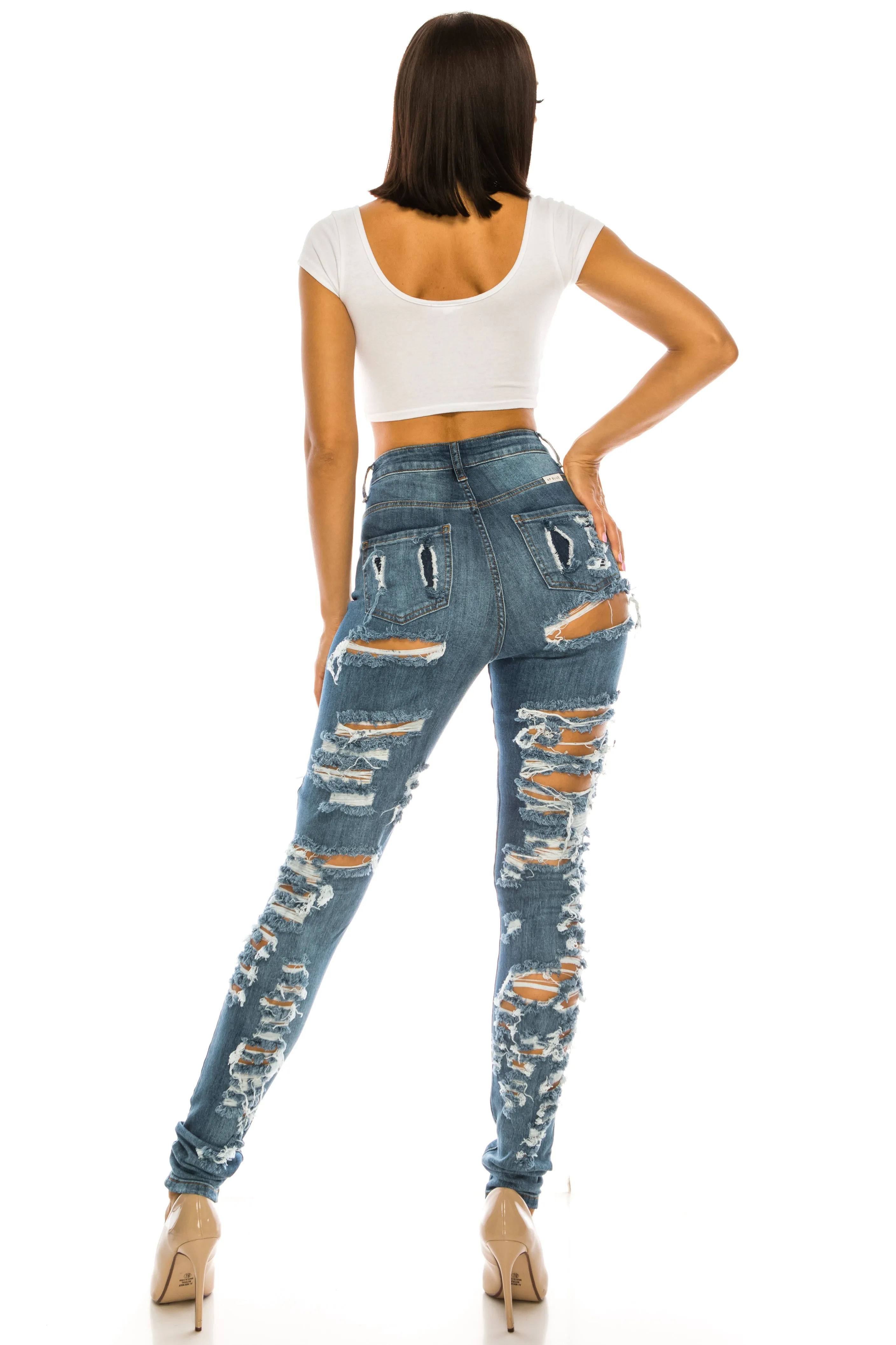 4877 Women's High Waisted Distressed Skinny Jeans with Cut Outs