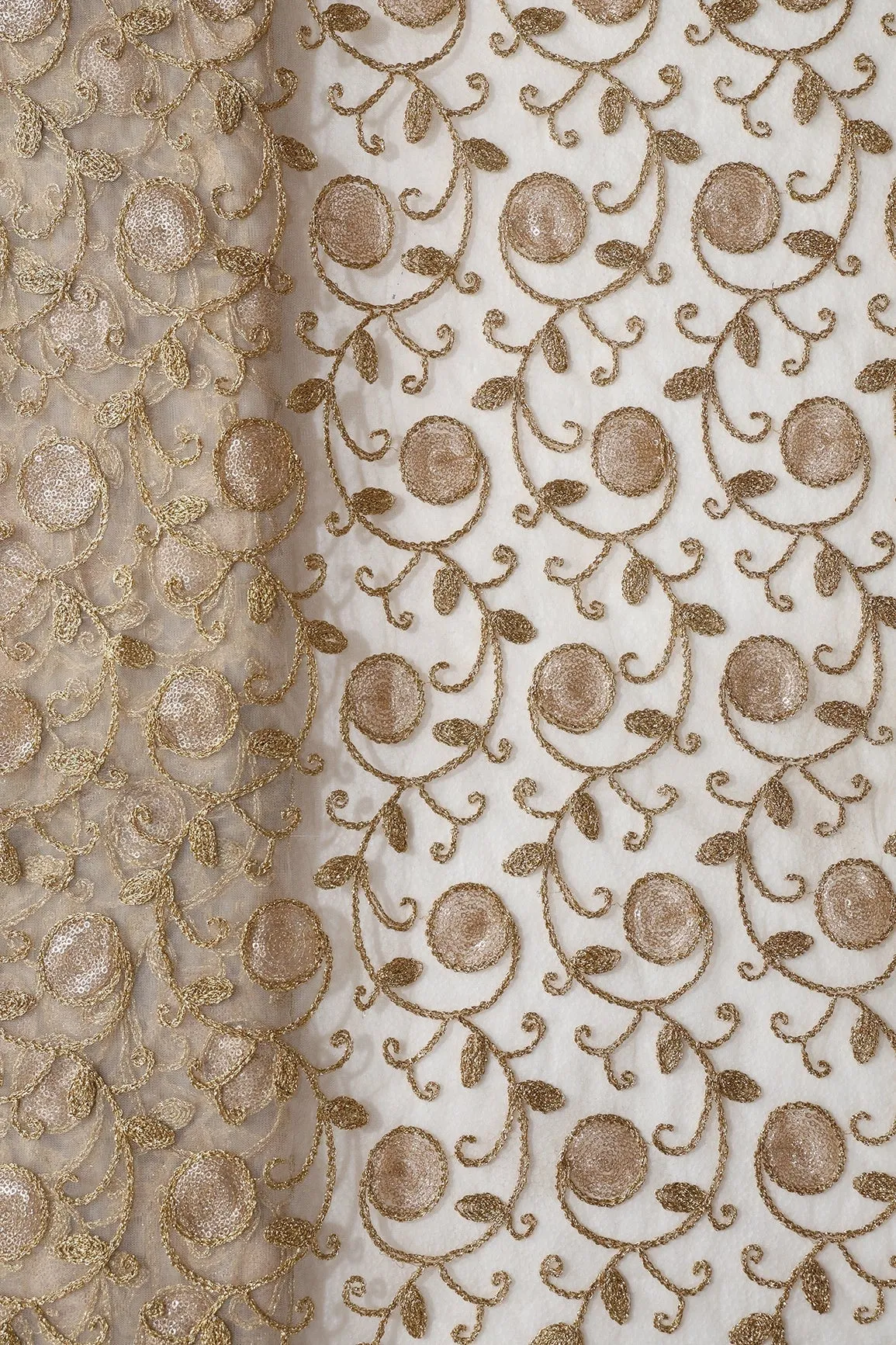 5.75 Meter Cut Piece Of Gold Sequins With Gold Zari Leafy Embroidery On Beige Soft Net Fabric