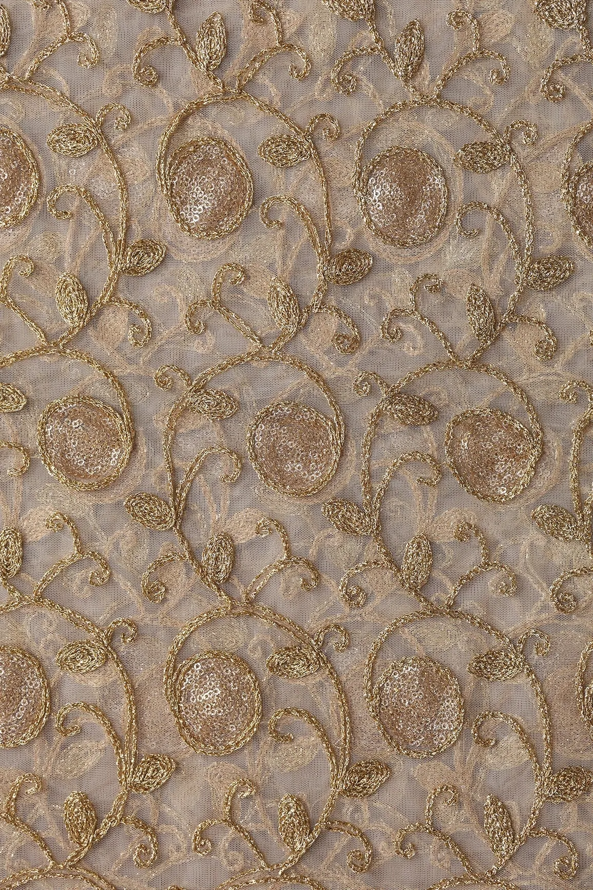 5.75 Meter Cut Piece Of Gold Sequins With Gold Zari Leafy Embroidery On Beige Soft Net Fabric