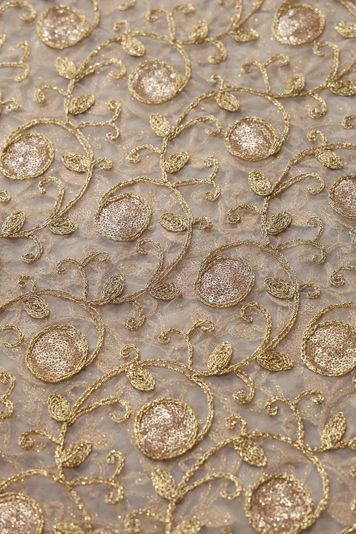 5.75 Meter Cut Piece Of Gold Sequins With Gold Zari Leafy Embroidery On Beige Soft Net Fabric