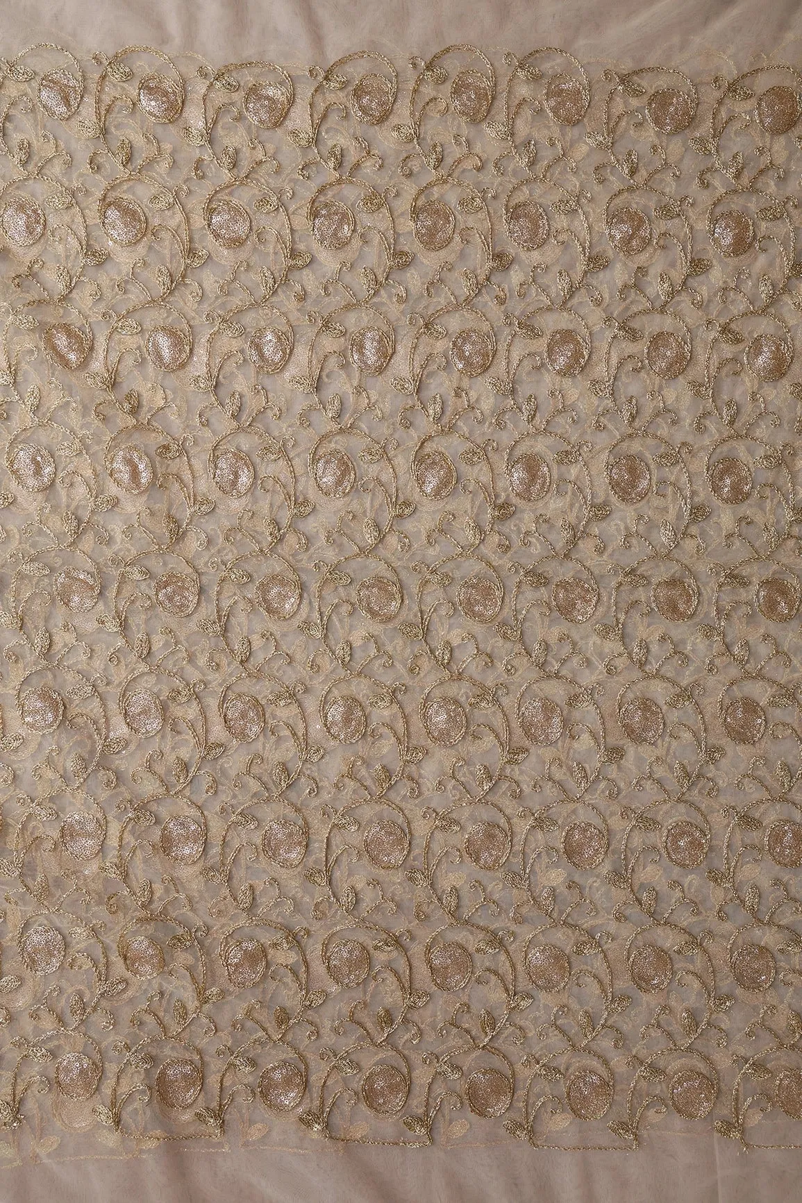 5.75 Meter Cut Piece Of Gold Sequins With Gold Zari Leafy Embroidery On Beige Soft Net Fabric