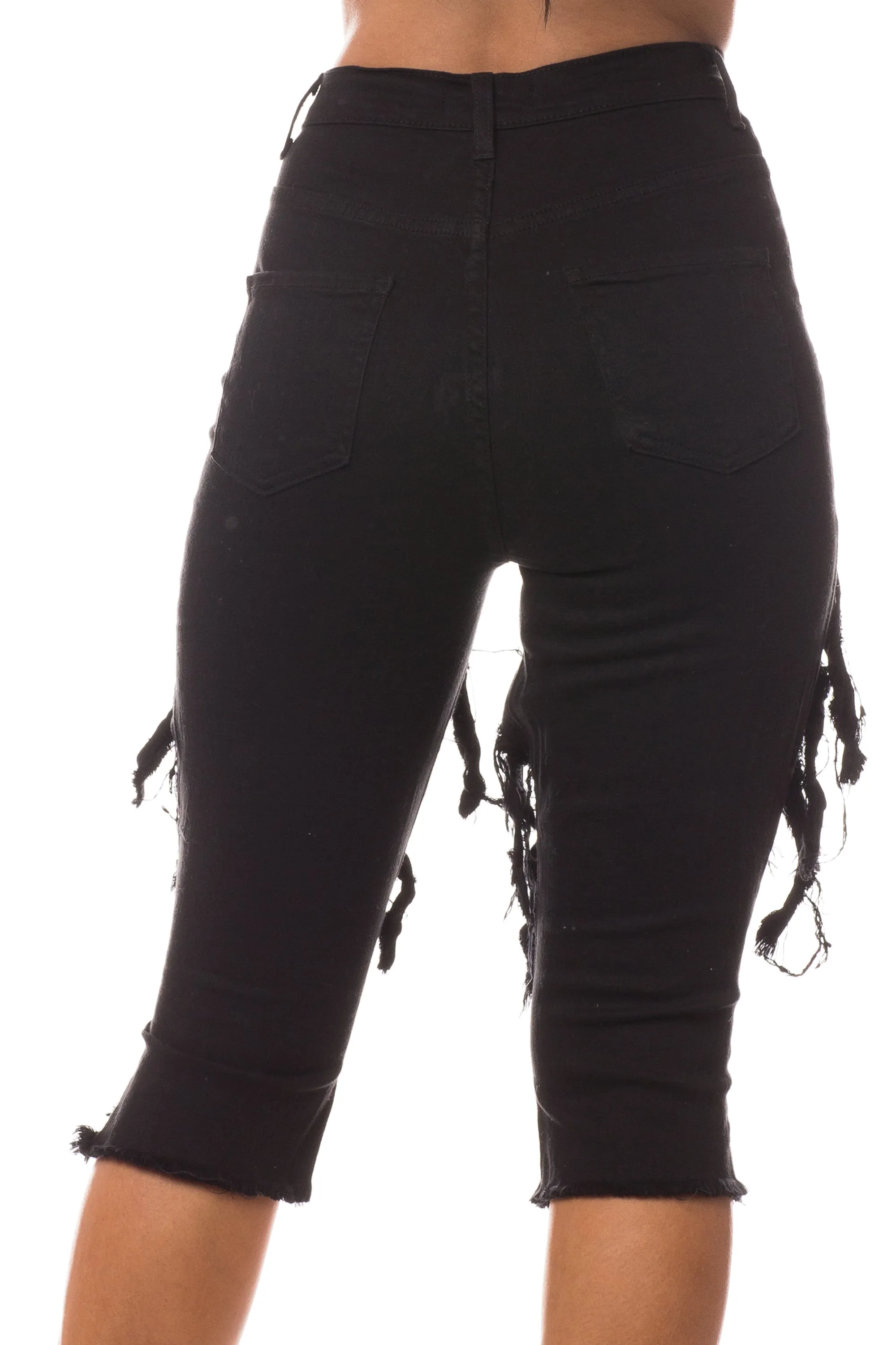 7010F Super High Waisted Distressed Cropped Capri Jeans with Cut Outs