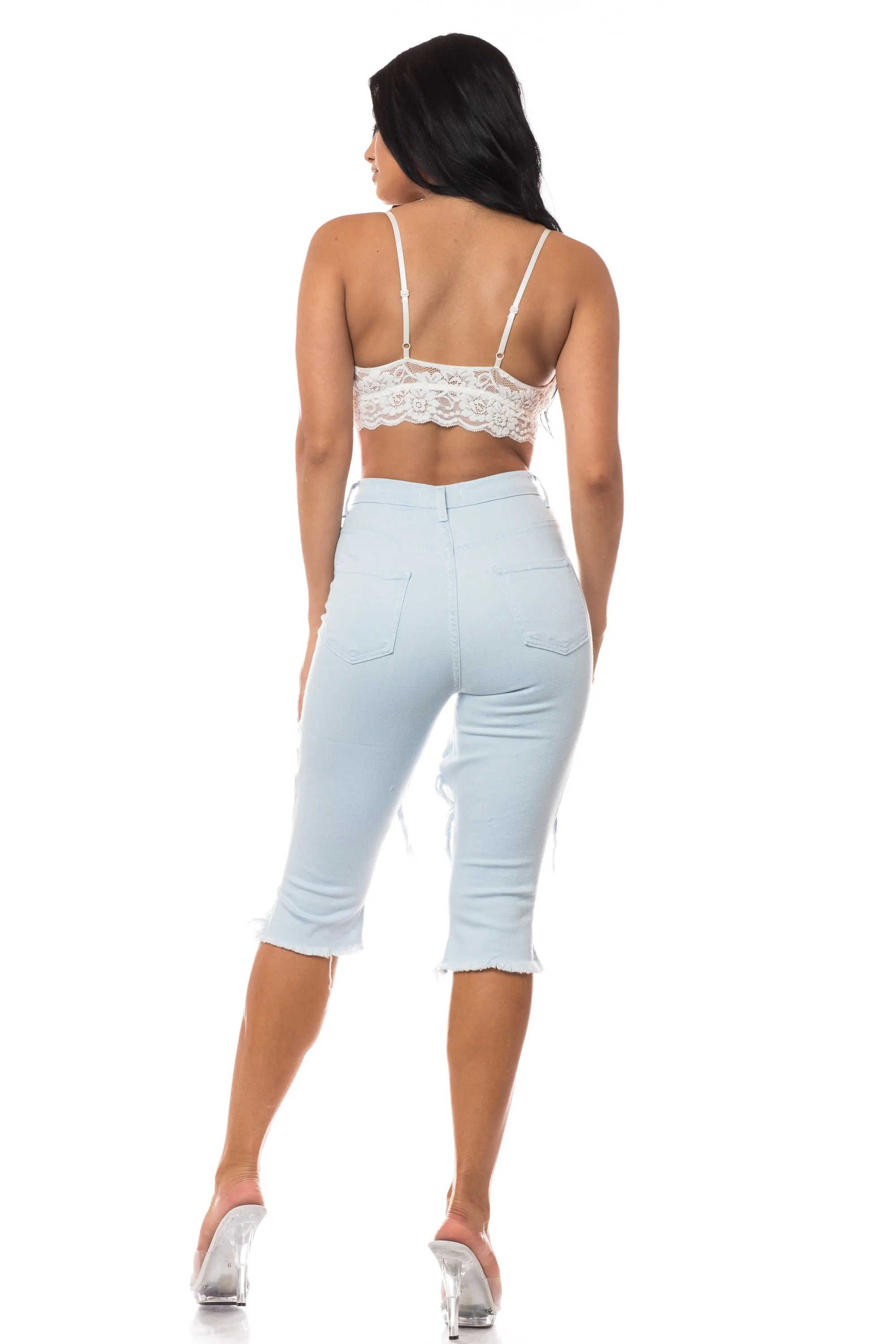 7010F Super High Waisted Distressed Cropped Capri Jeans with Cut Outs