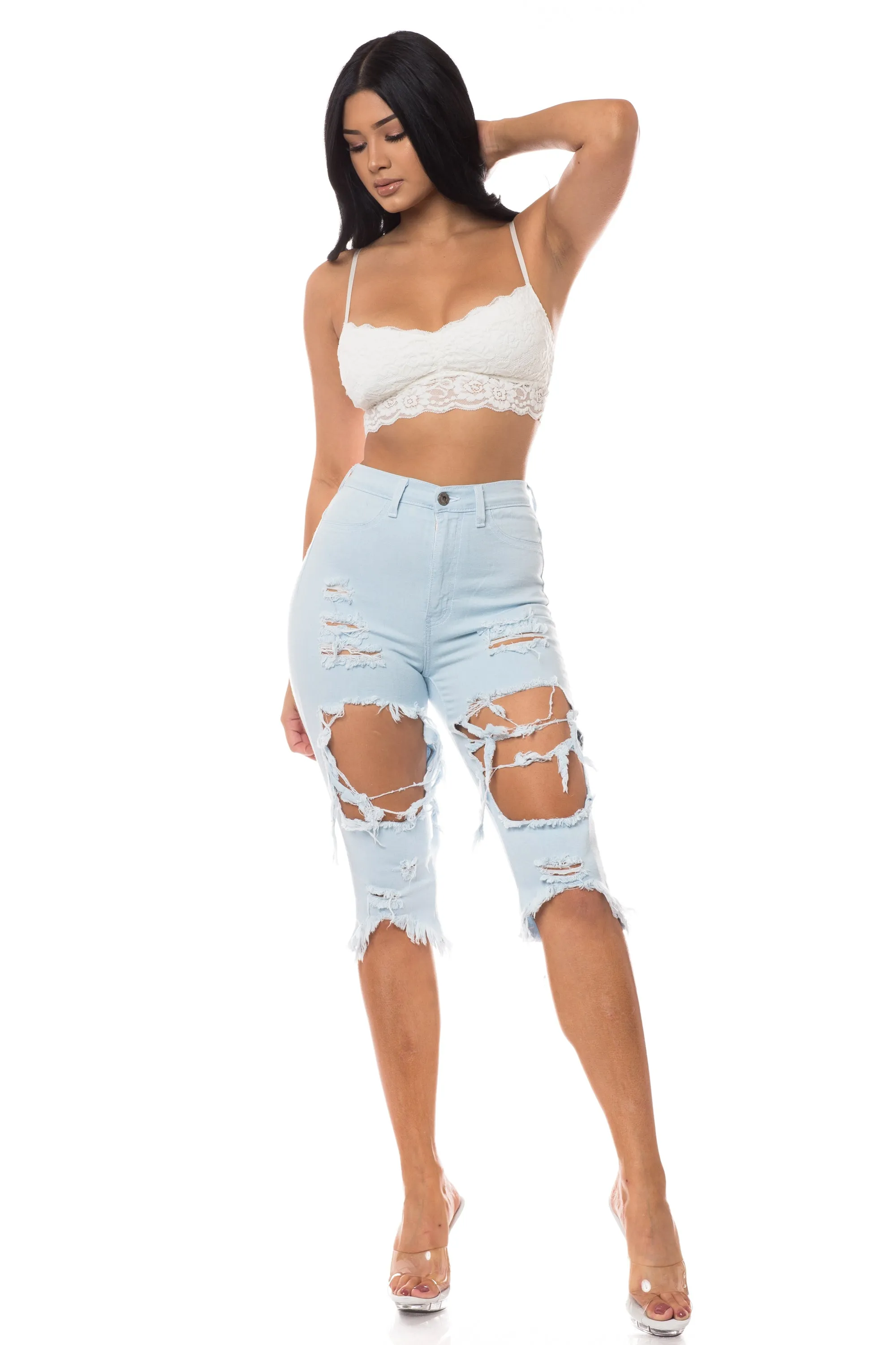 7010F Super High Waisted Distressed Cropped Capri Jeans with Cut Outs