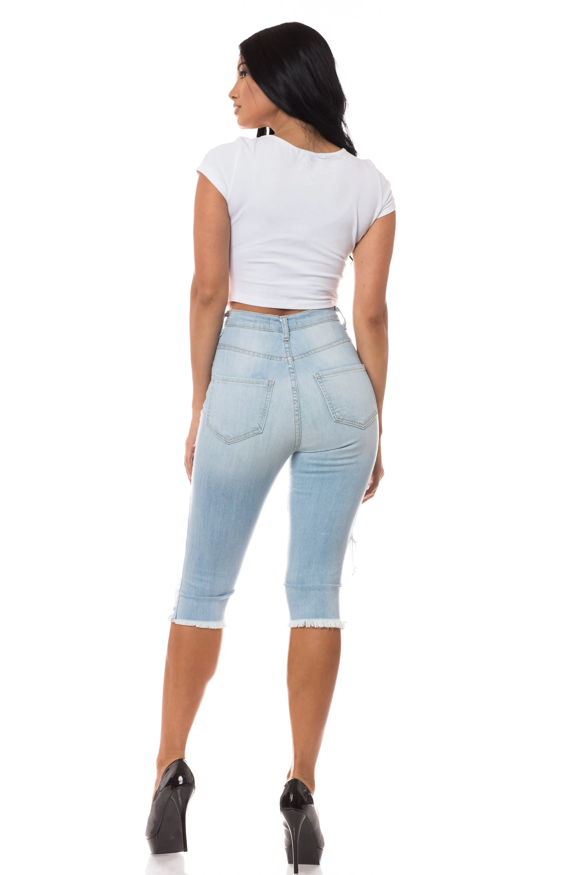 7037 Super High Waisted Distressed Cropped Capri Jeans