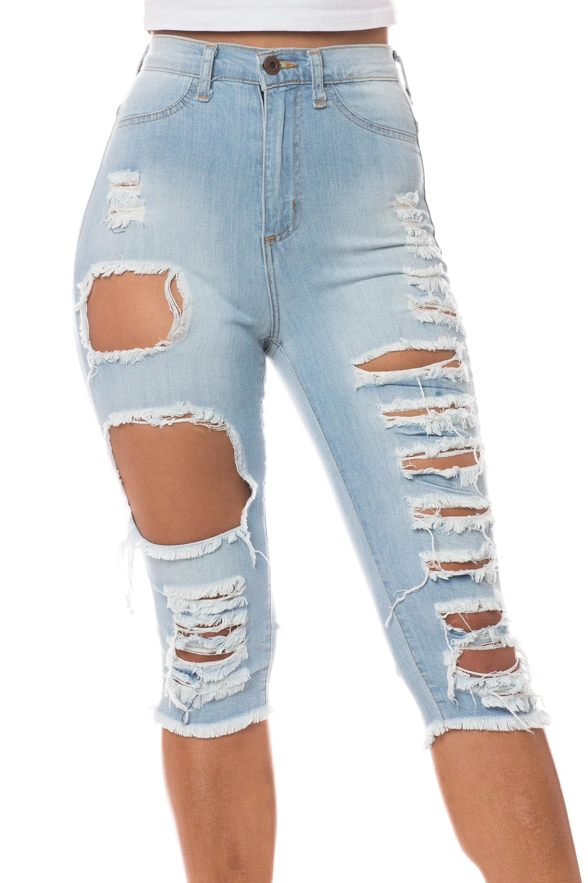 7037 Super High Waisted Distressed Cropped Capri Jeans