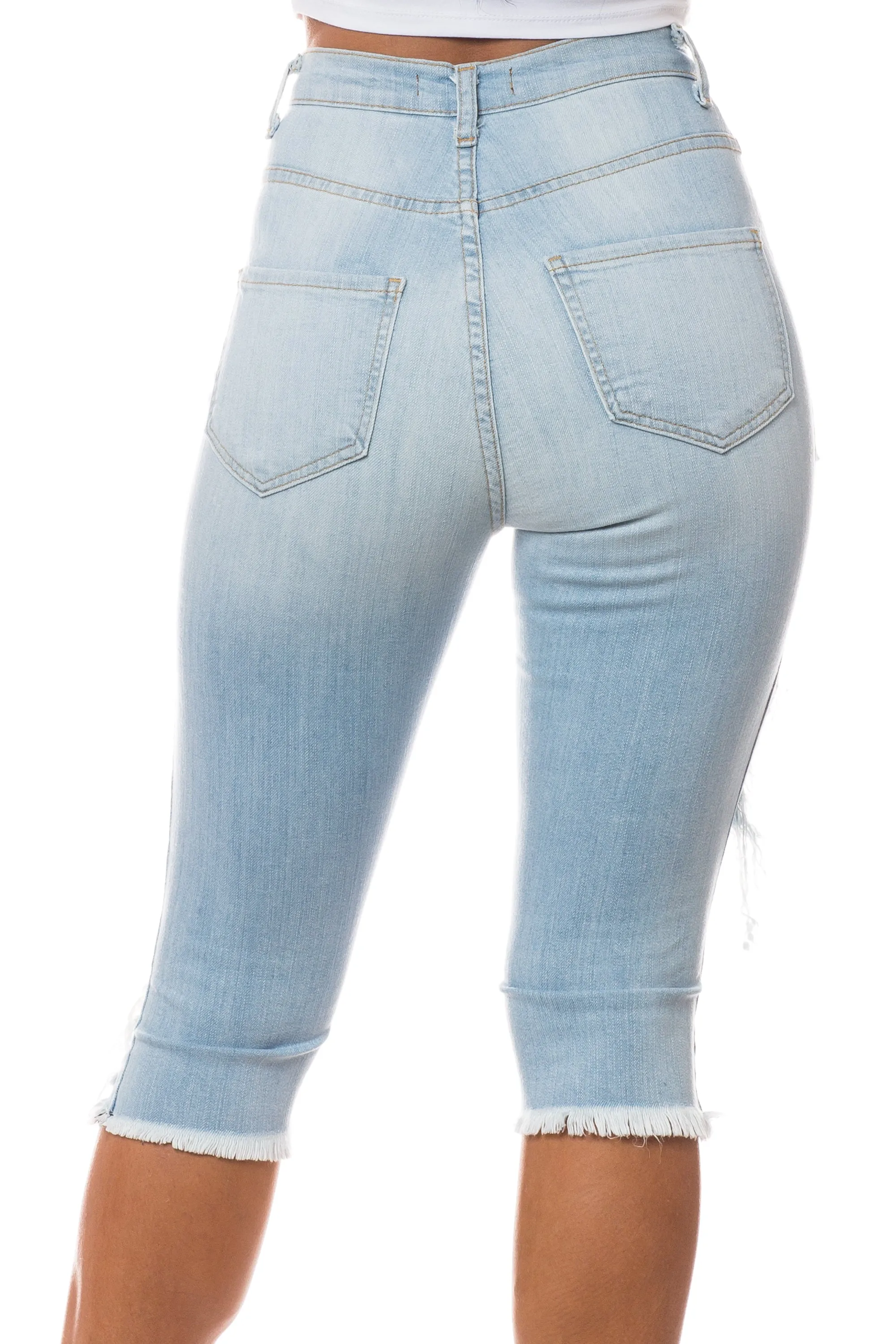 7037 Super High Waisted Distressed Cropped Capri Jeans