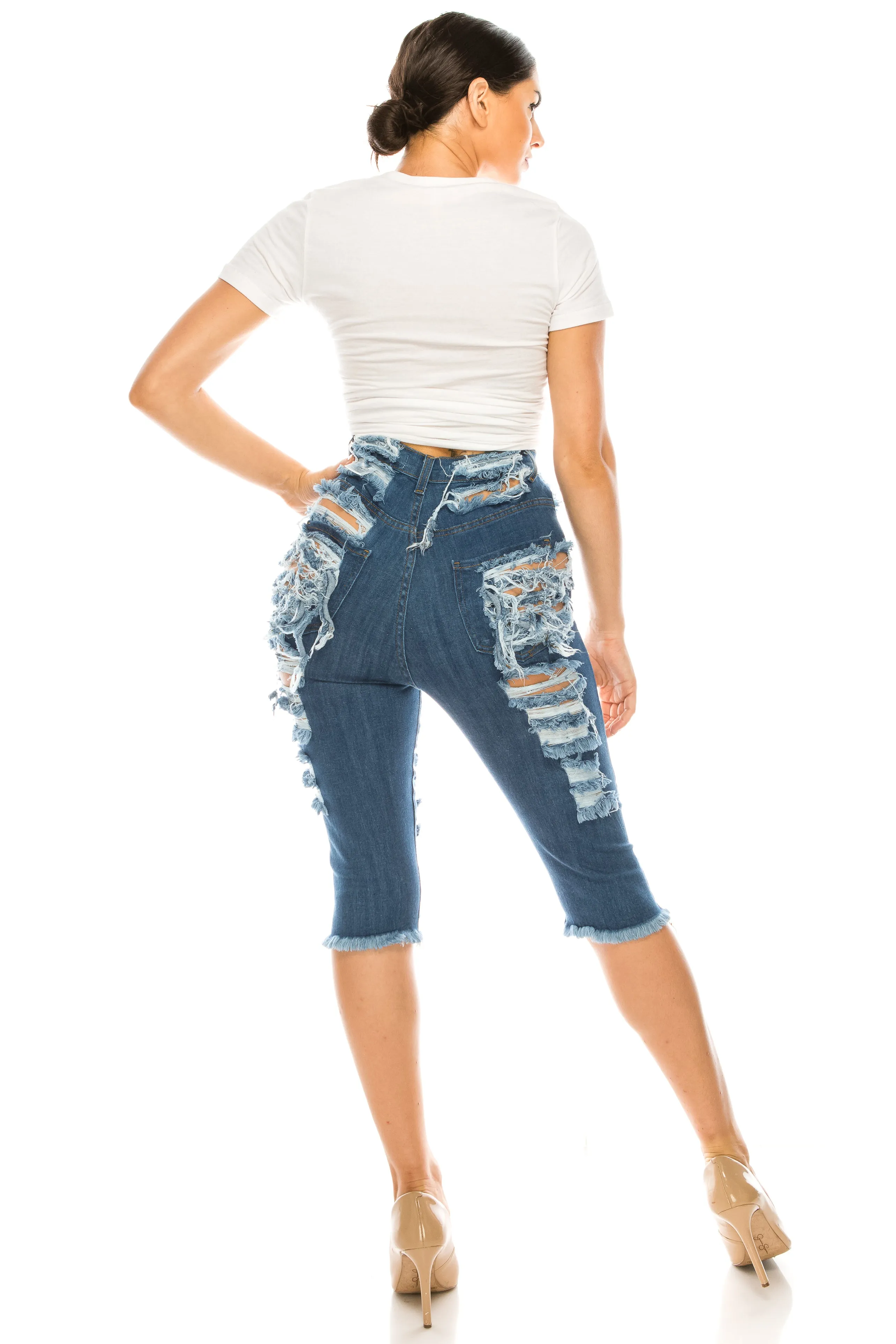 7100F Super High Waisted Distressed Bermuda Shorts