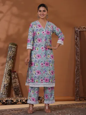 Abstract Floral Printed & Schiffli Embroidered Straight Kurta with Palazzo - Green