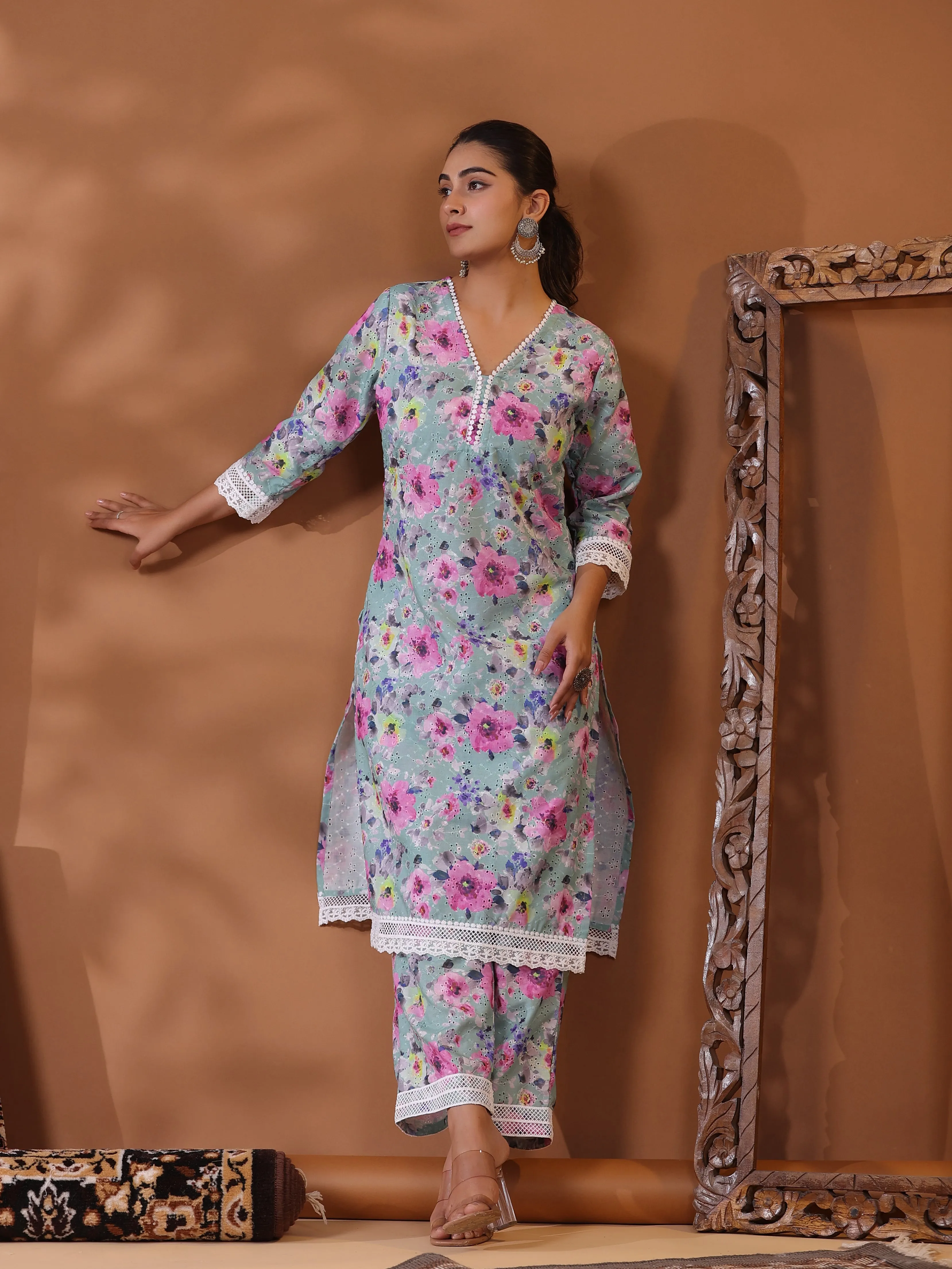 Abstract Floral Printed & Schiffli Embroidered Straight Kurta with Palazzo - Green