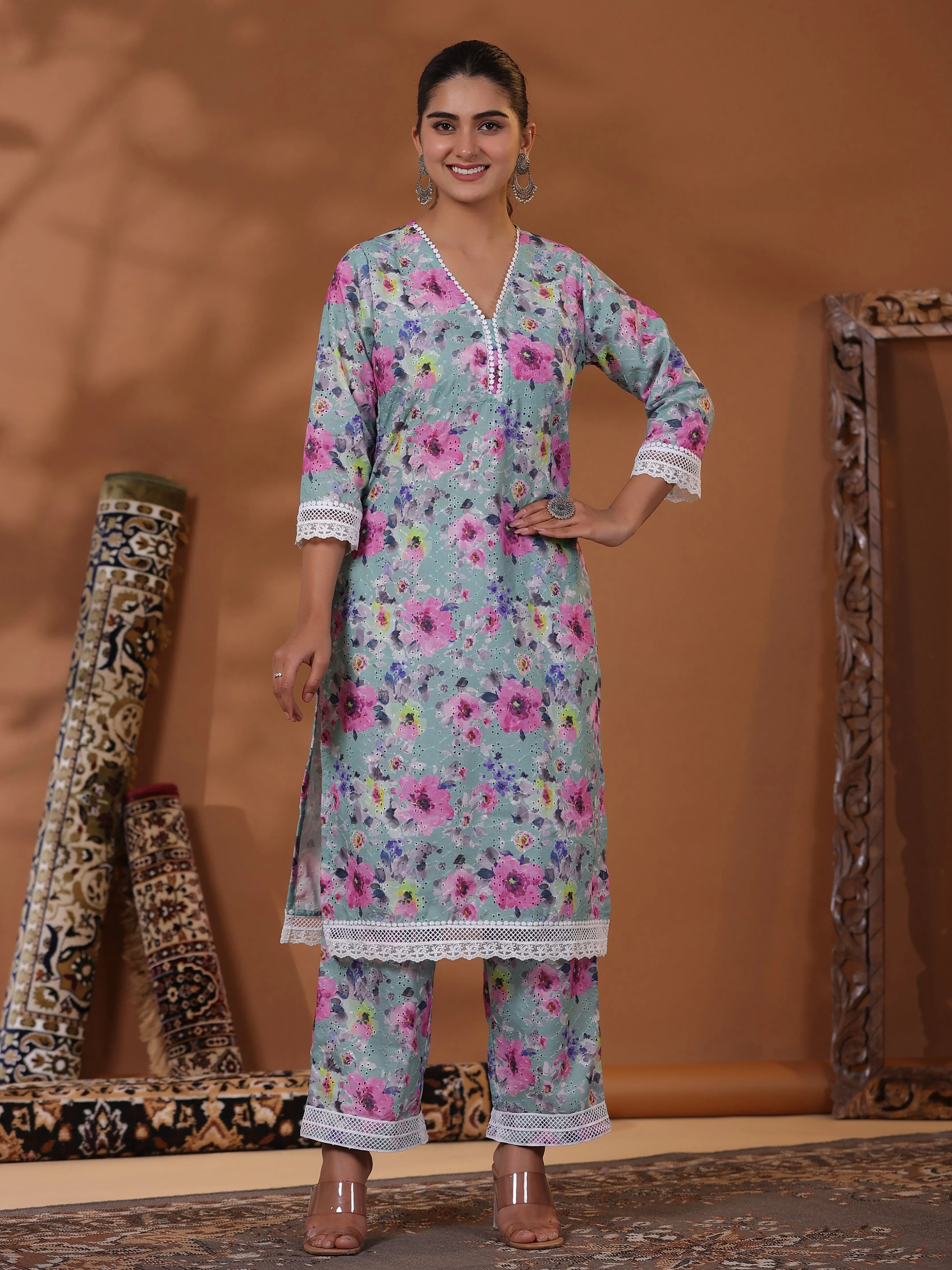 Abstract Floral Printed & Schiffli Embroidered Straight Kurta with Palazzo - Green