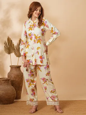 Abstract Floral Printed Straight Fit Co-ord Set - Cream