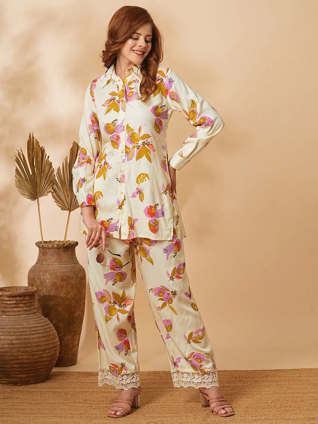 Abstract Floral Printed Straight Fit Co-ord Set - Cream