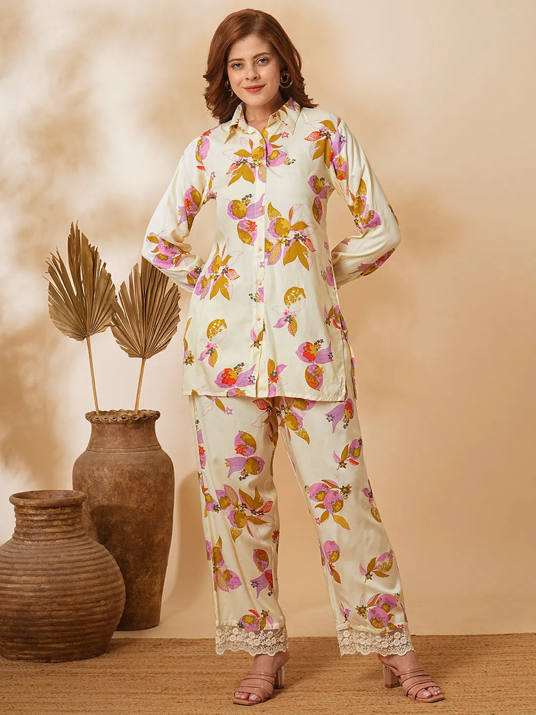 Abstract Floral Printed Straight Fit Co-ord Set - Cream