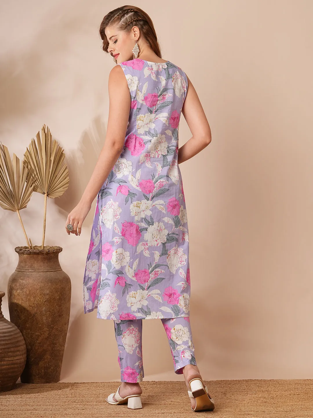 Abstract Floral Printed Straight Fit Co-ord Set - Purple