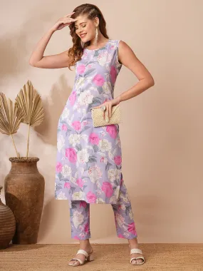 Abstract Floral Printed Straight Fit Co-ord Set - Purple